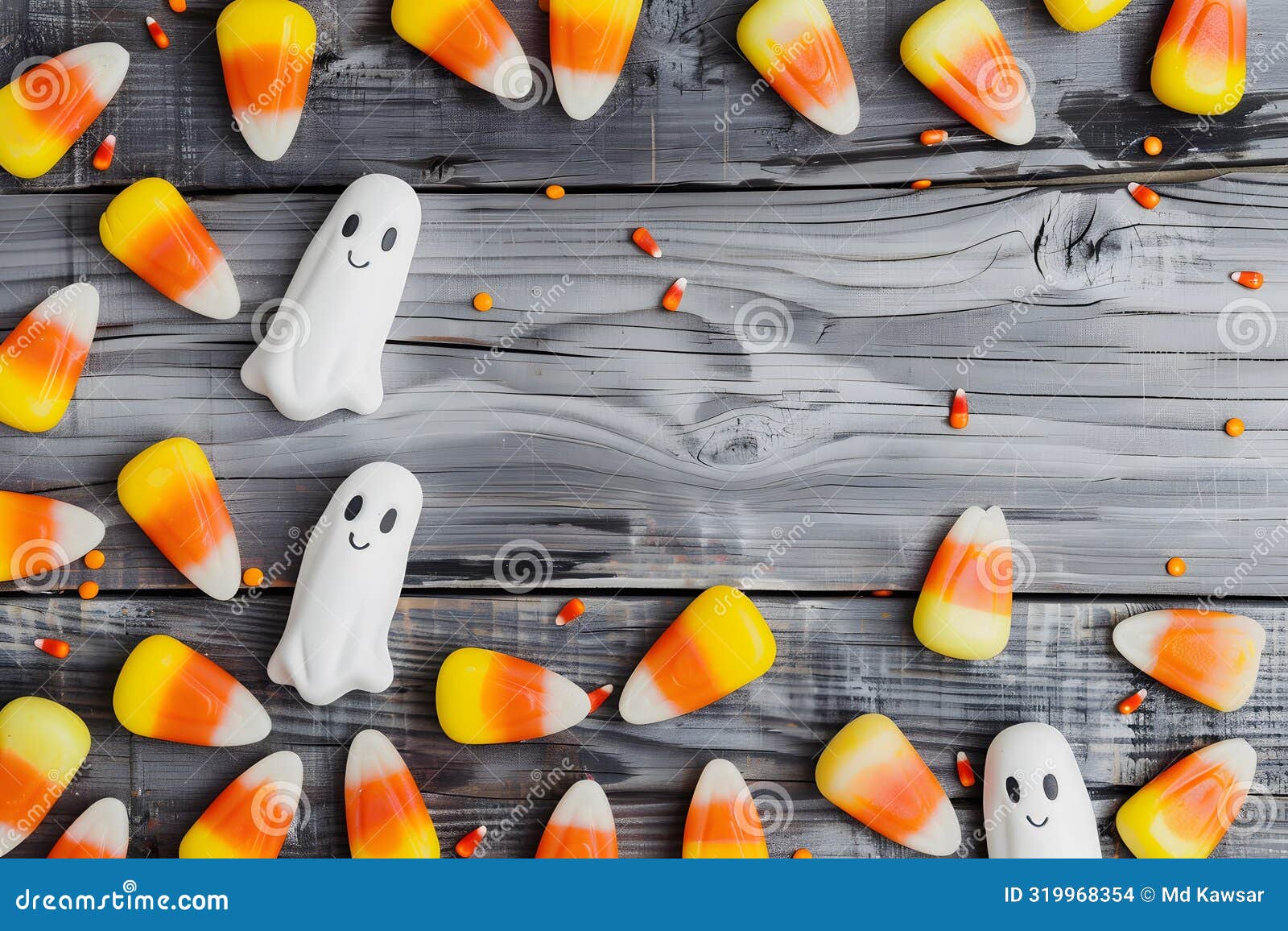 Halloween Candy Corn and Ghost Candies on Rustic Wood Background Stock