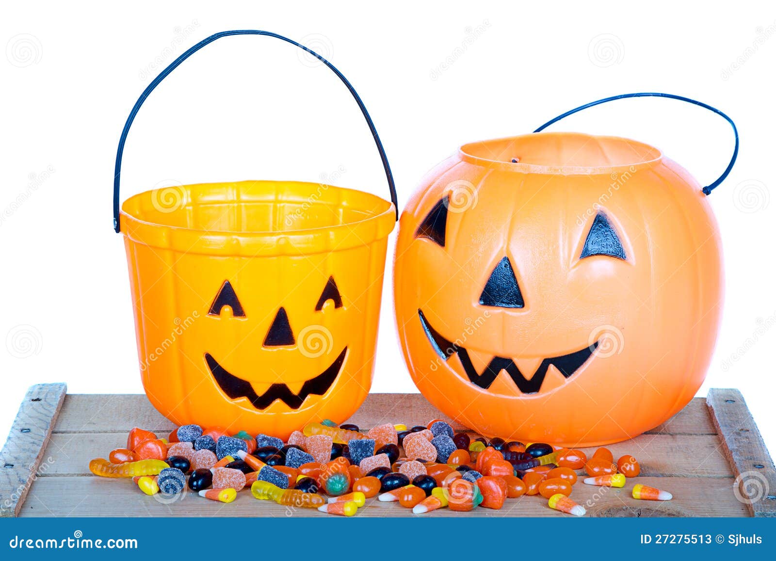 Halloween Candy And Pumpkin Bucket On Wood Stock Image - Image of ...