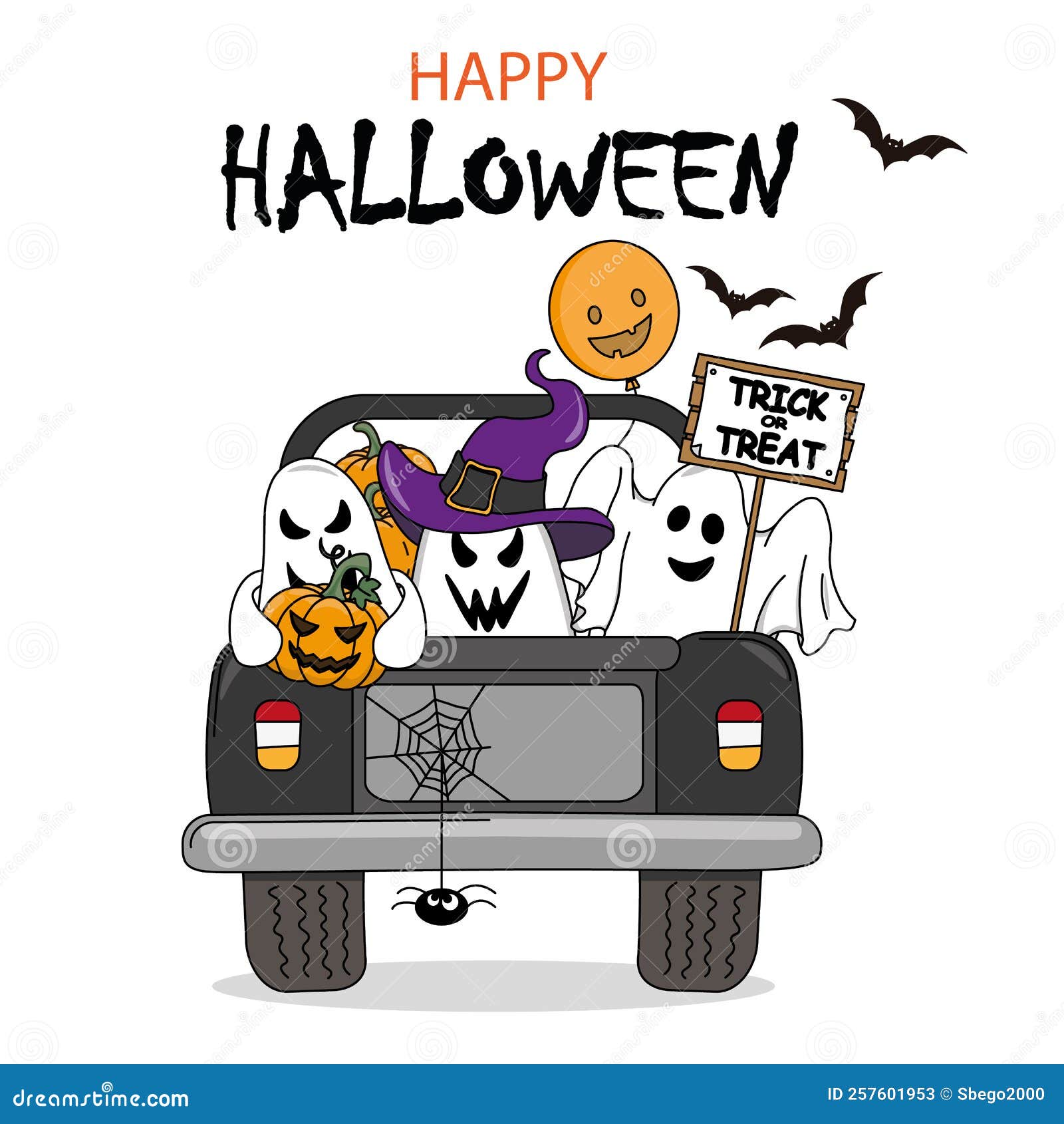 Halloween Card. Ghost in Car with Pumpkin and Halloween Accessories Stock Vector Illustration