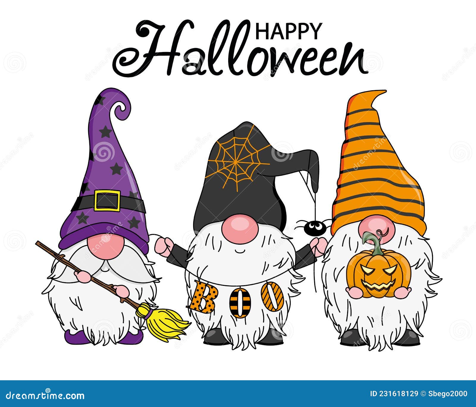 halloween card. three cute gnomes.