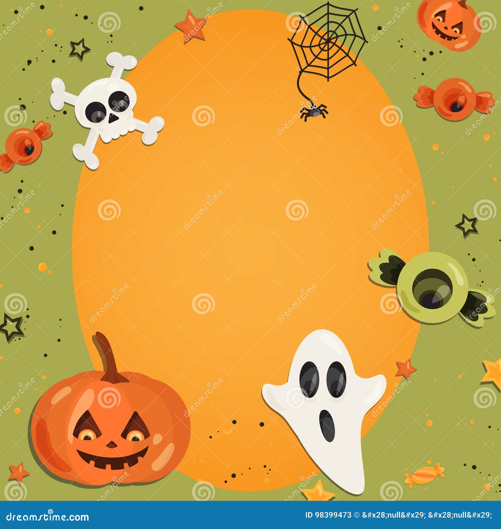 Halloween Cartoon Art in Flat Style. Orange Background, Frame with Cute ...