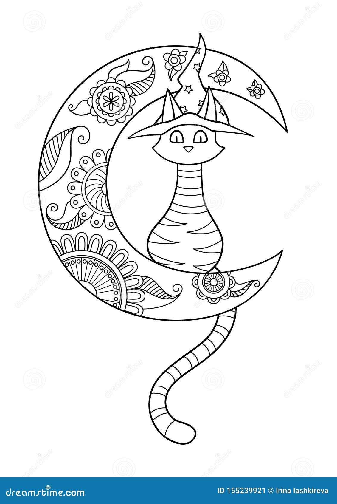 Halloween Cat In Hat Doodle Coloring Book Page Stock Illustration