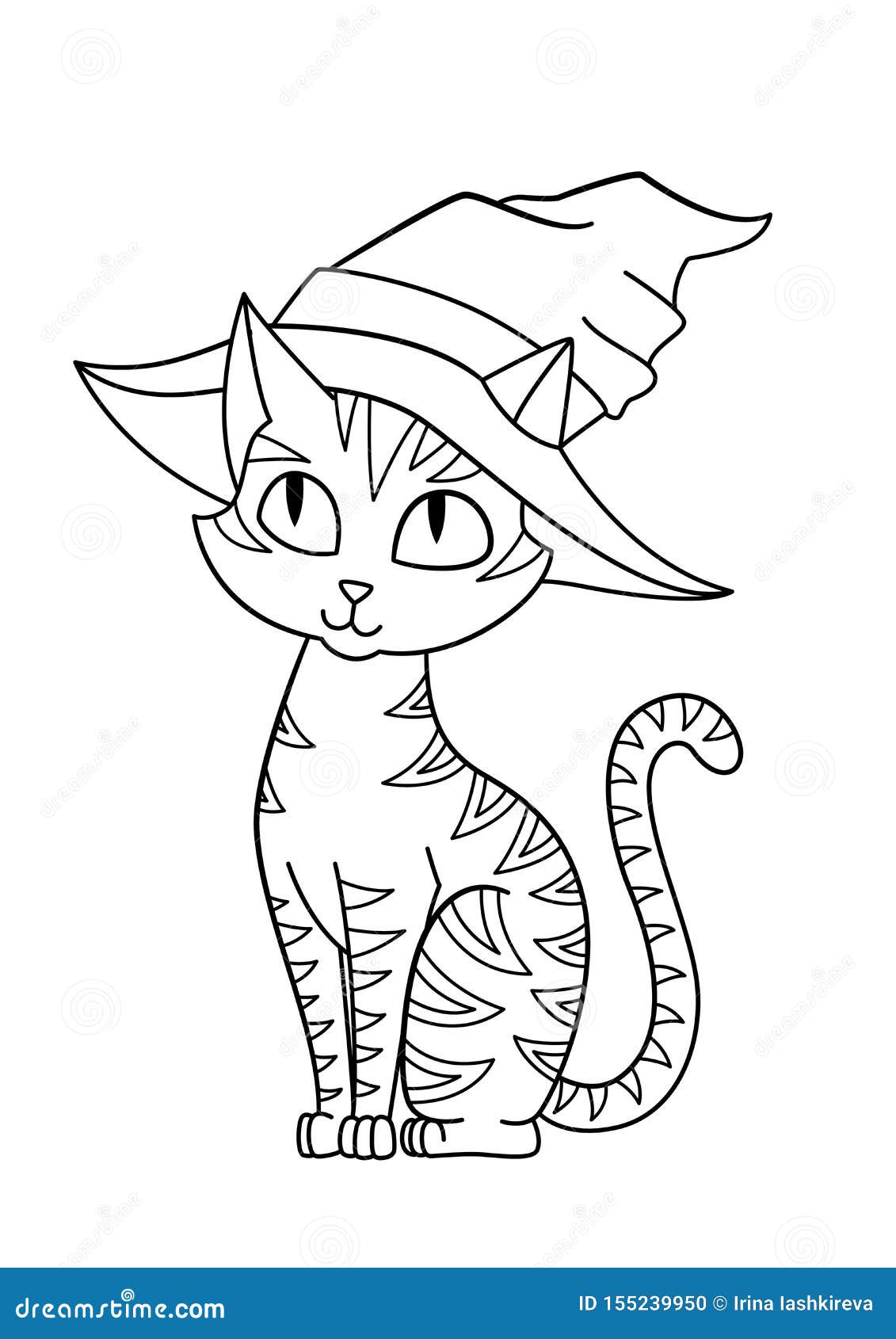 Halloween Cat in Hat Doodle Coloring Book Page Stock Illustration