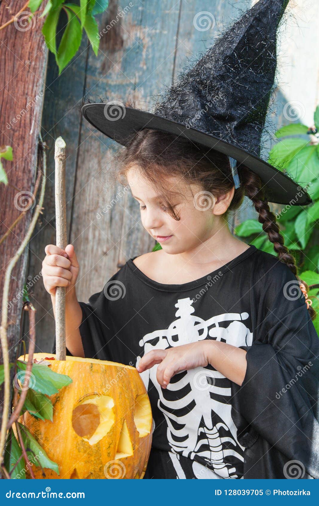 Download Little Witch With Halloween Pumpkin Stock Image - Image of ...