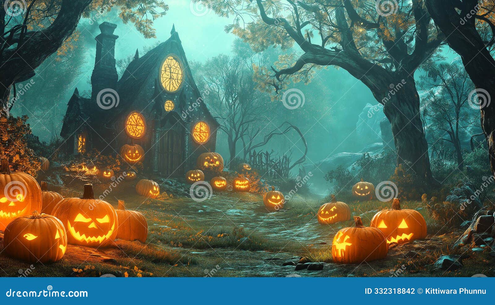 halloween celebration at old castle featured a spooky background with evil-looking pumpkins scattered around the house, creating a