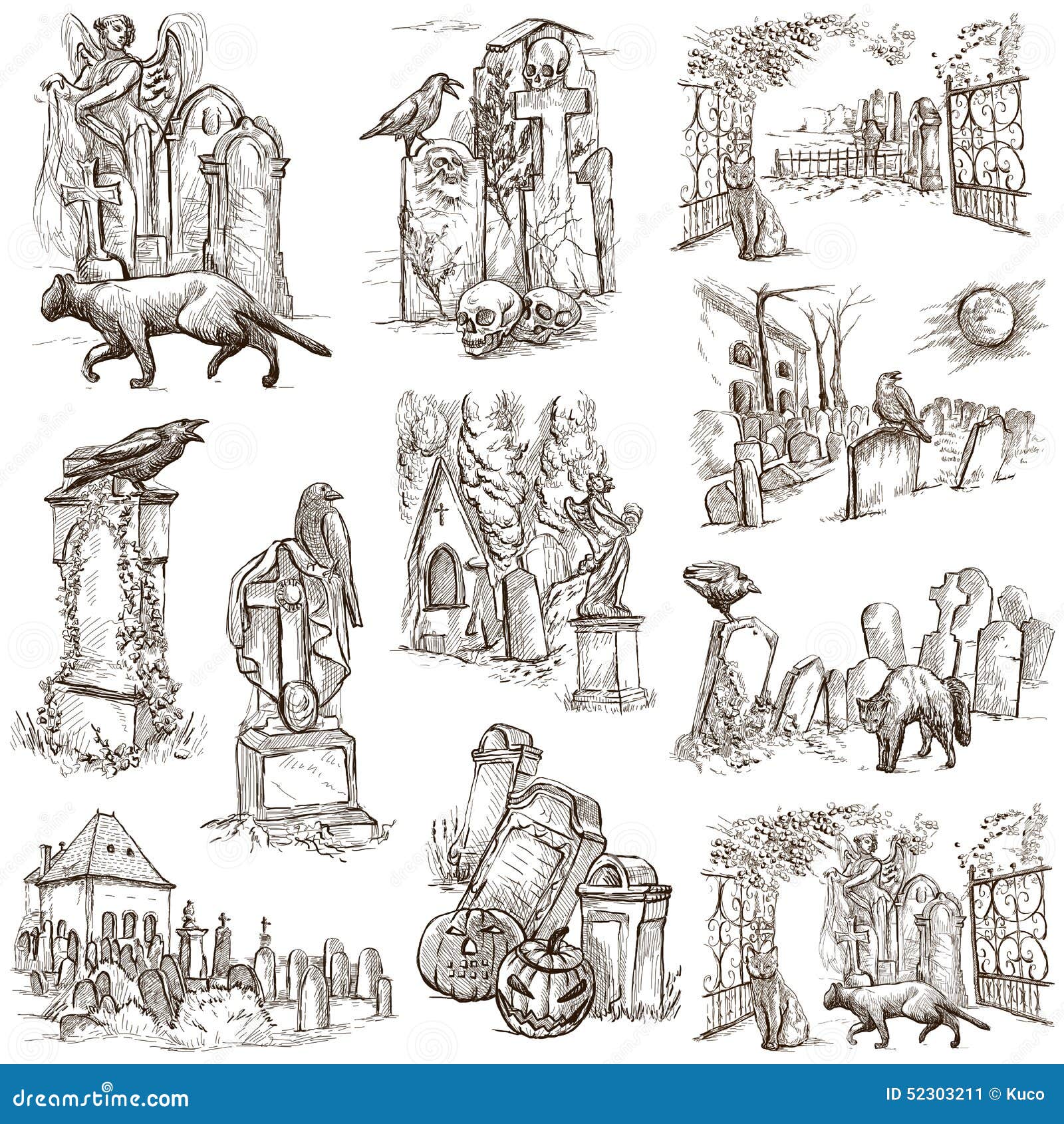 Halloween, Cemeteries - an Hand Drawn White Pack Stock Illustration