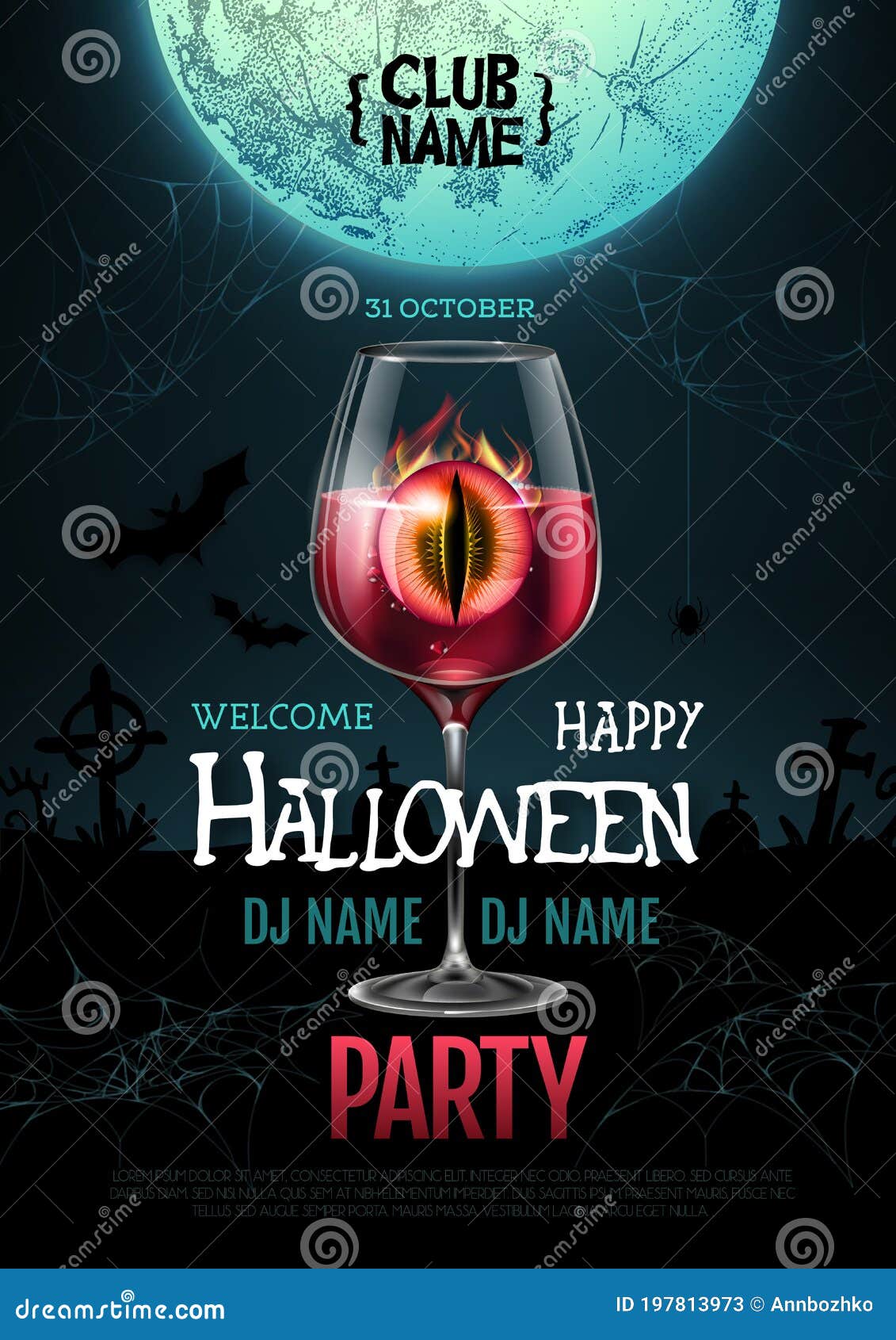 halloween cocktail disco party poster with realistic transperent cocktail glass and burning eye inside