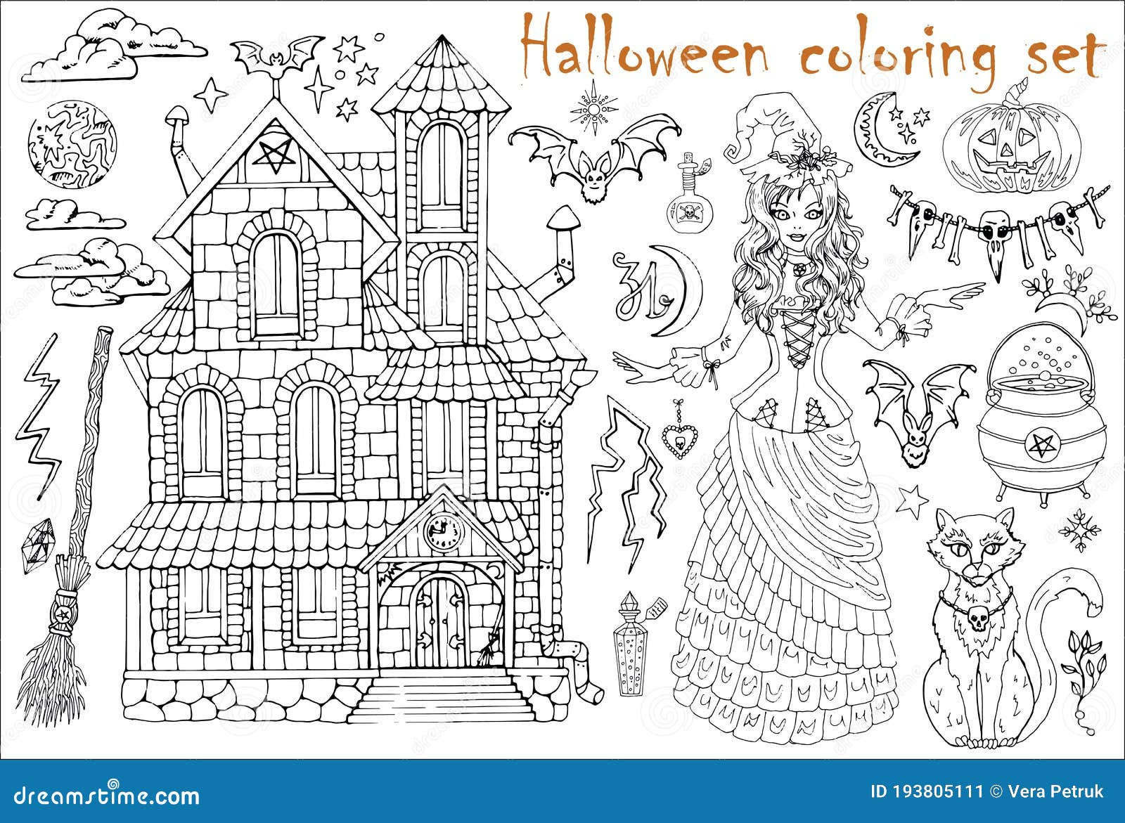 https://thumbs.dreamstime.com/z/halloween-coloring-set-beautiful-witch-girl-costume-house-cat-pot-scary-objects-hand-drawn-vector-illustration-193805111.jpg