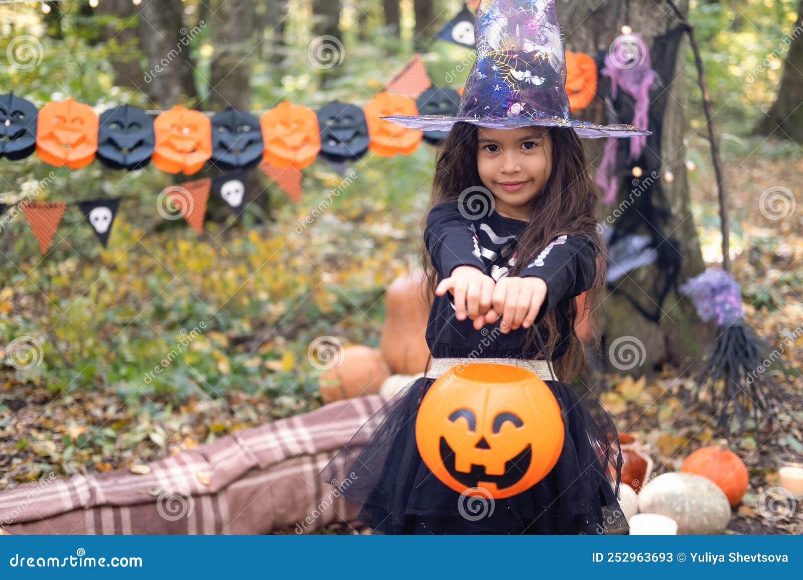 Halloween. Cute Arab Girl in Witch Costume with Jack O Lantern Outdoor ...