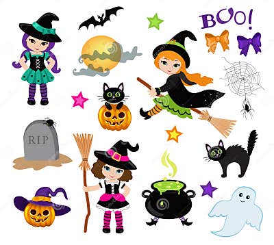 Halloween Cute Witches and Design Elements Set. Stock Vector ...