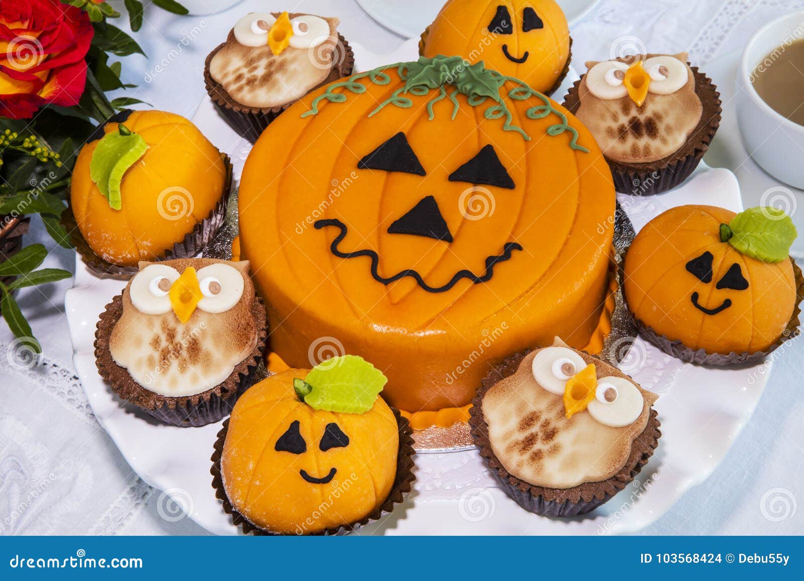 Halloween Decorated Cakes Served on Ceramic Plate. Stock Photo Image