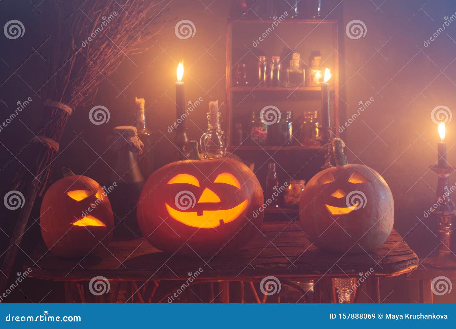 Halloween Decoration with Pumpkins and Magic Potions Indoor Stock Image ...