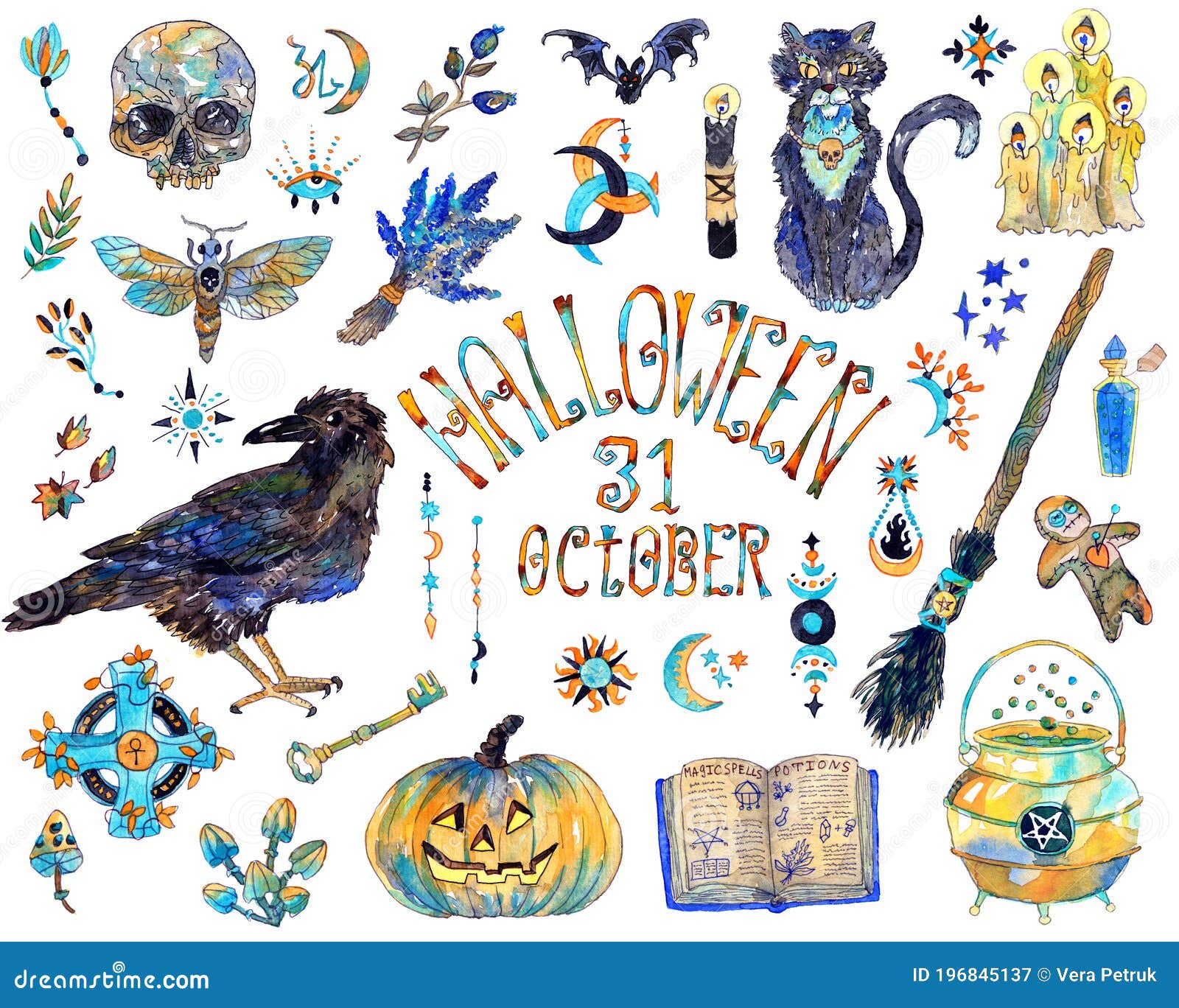 Halloween Design Set with Traditional Holiday Symbols and Witch Objects