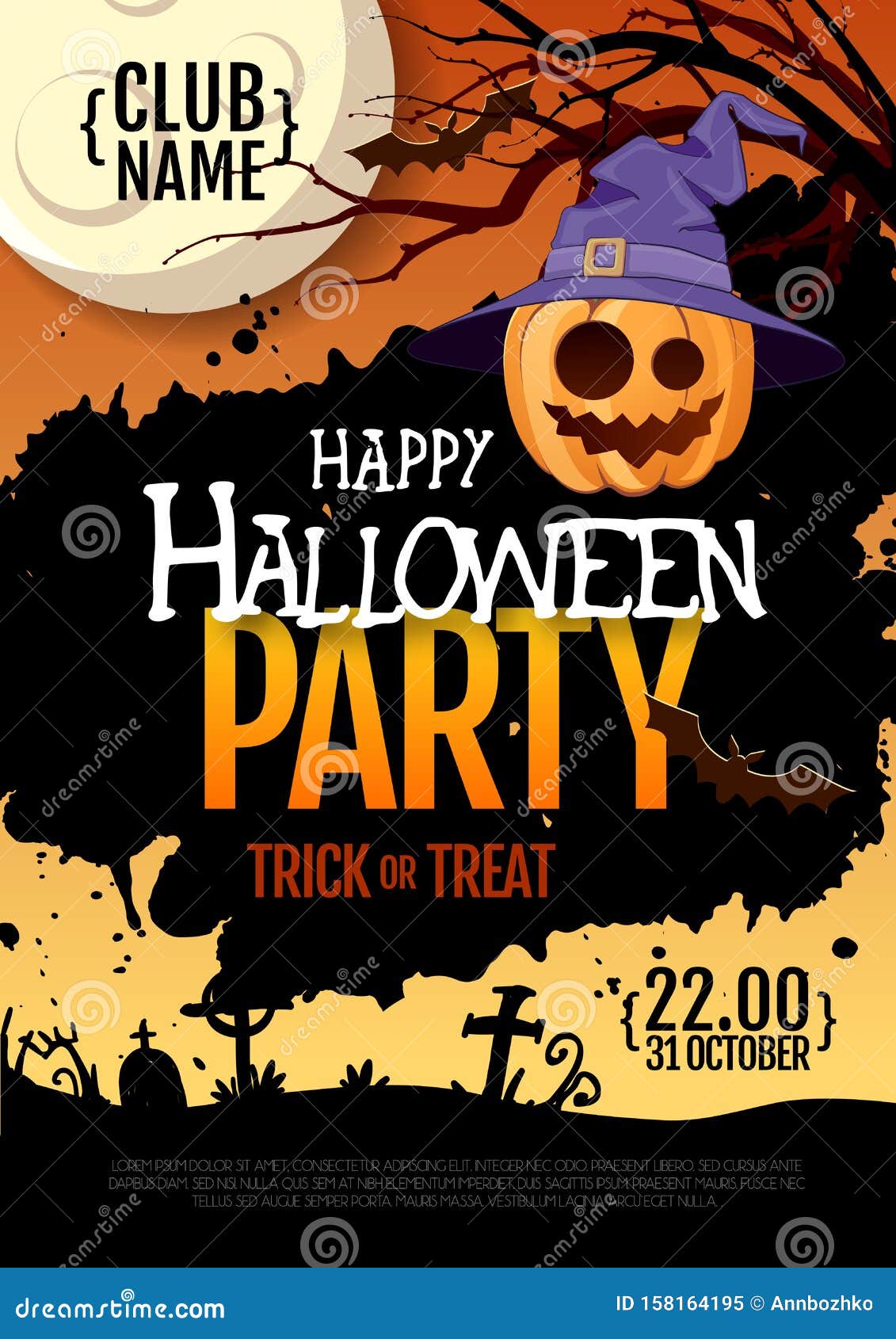 Halloween Disco Party Poster with Jack O Lantern Pumpkin and Full Moon ...