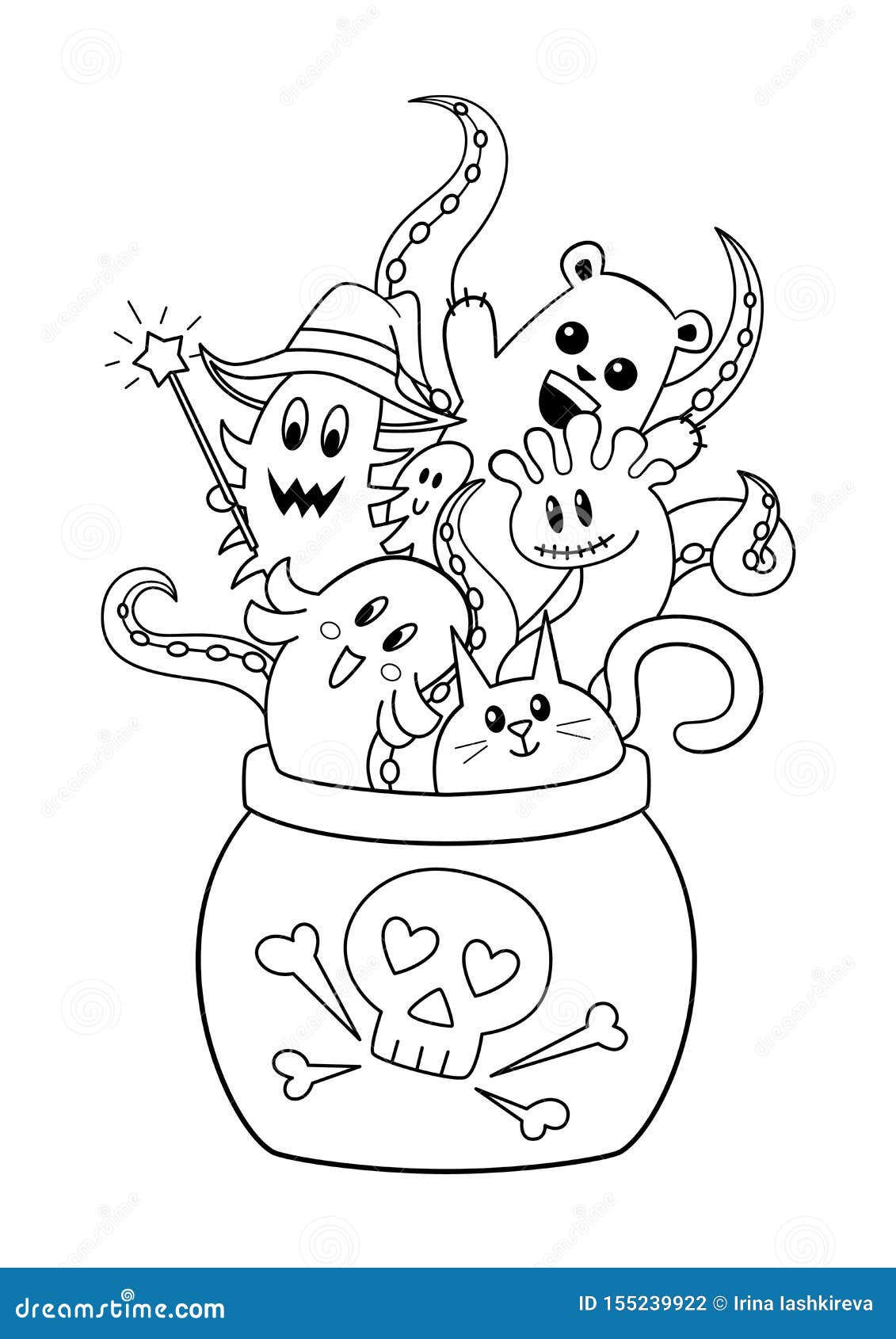 Halloween Doodle Coloring Book Page Cauldron with Cute Monsters Stock