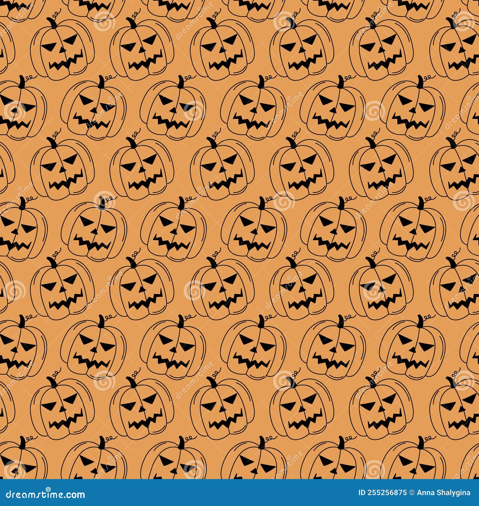 Halloween Doodle Pattern Black Pumpkin Lanterns On Orange Background halloween-doodle-pattern-black-pumpkin-lanterns-on-orange-background