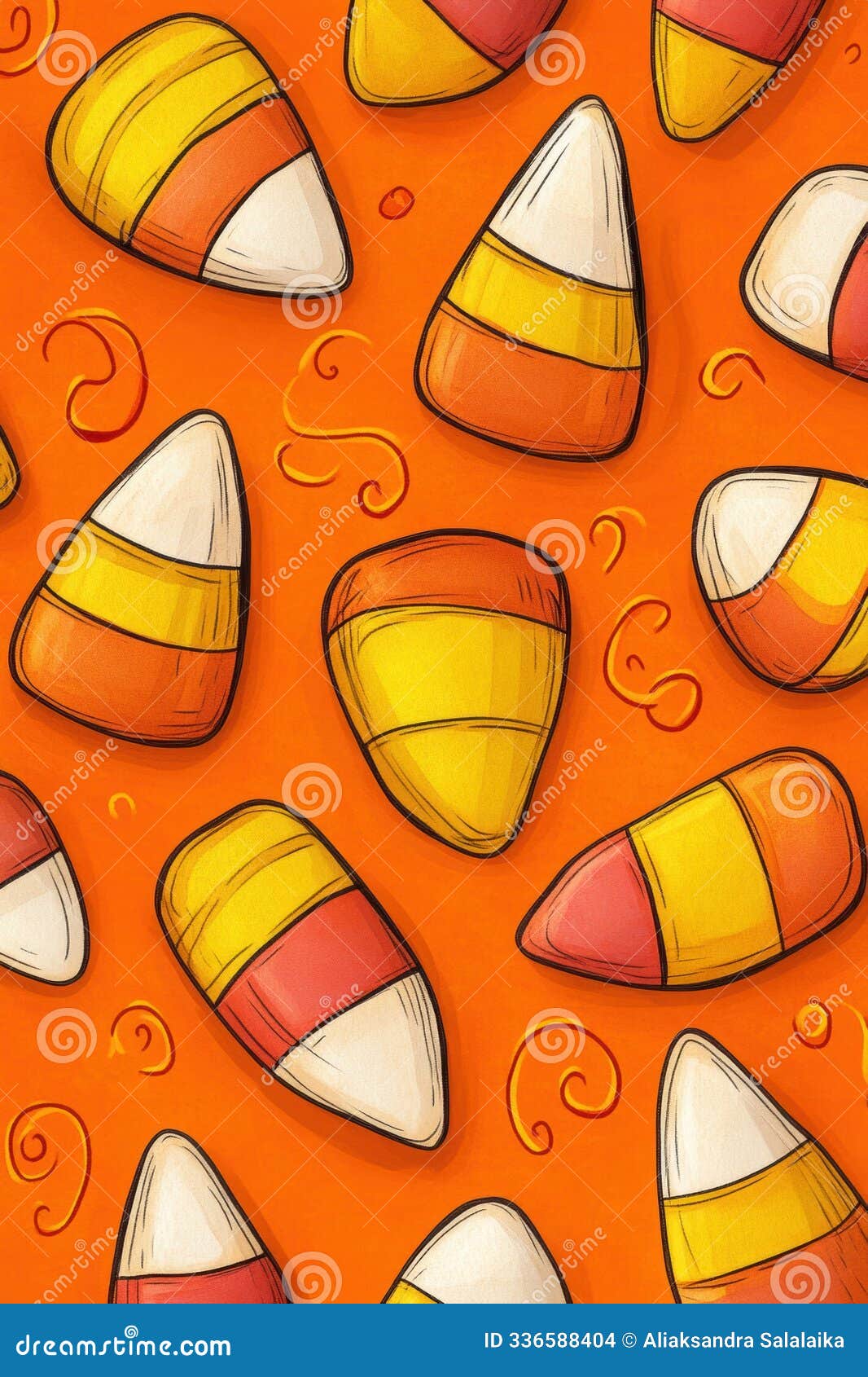 halloween doodle pattern, colorful swirls on orange surface form a charming candy corn doodle pattern, perfect for