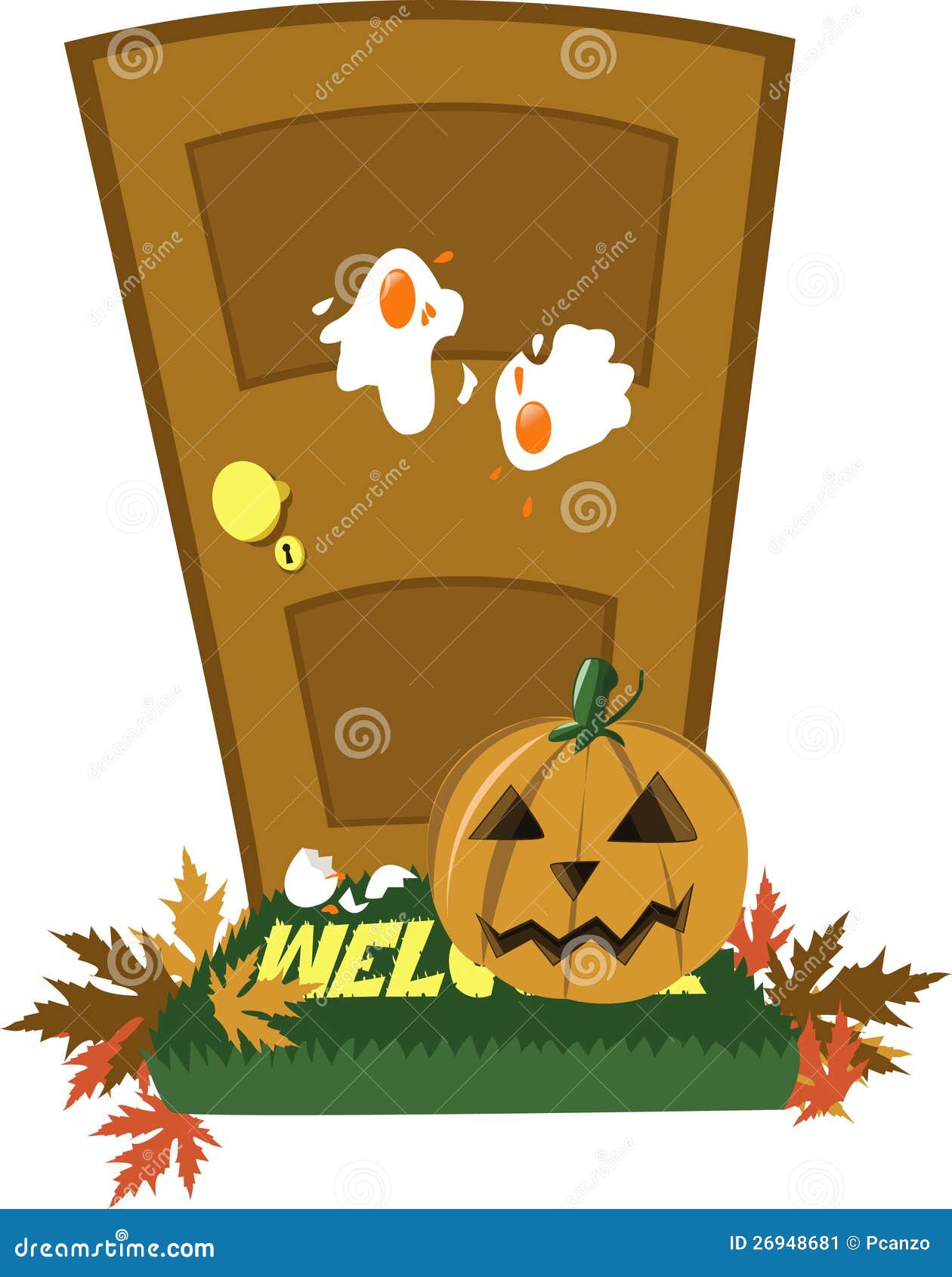 Halloween Door Decorations. Front Door With Halloween Decoration Vector Illustration