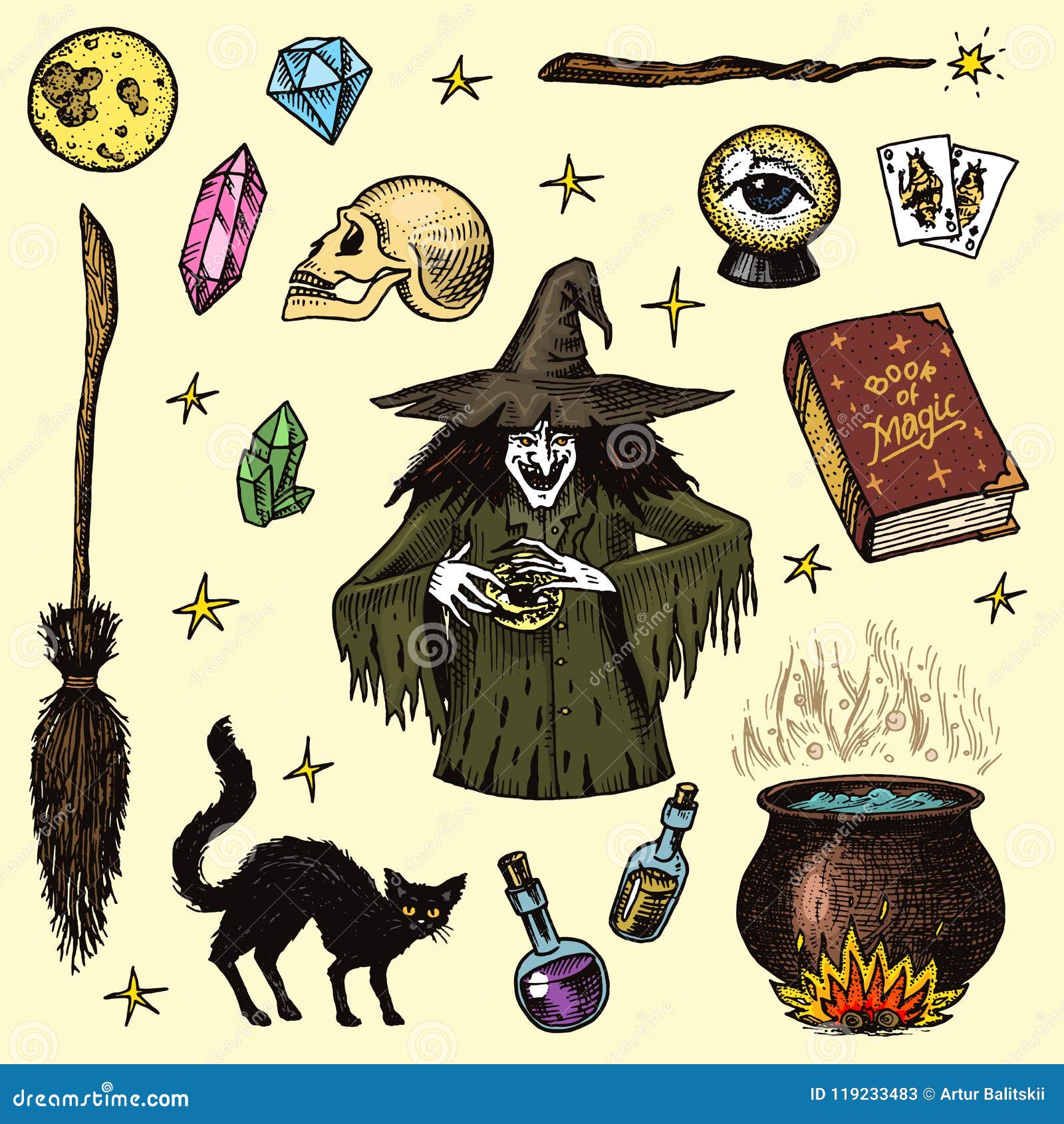 halloween s. magic ball, witch with book of spells, cursed black cat, beldam and sorcery, hag or hex, potion and