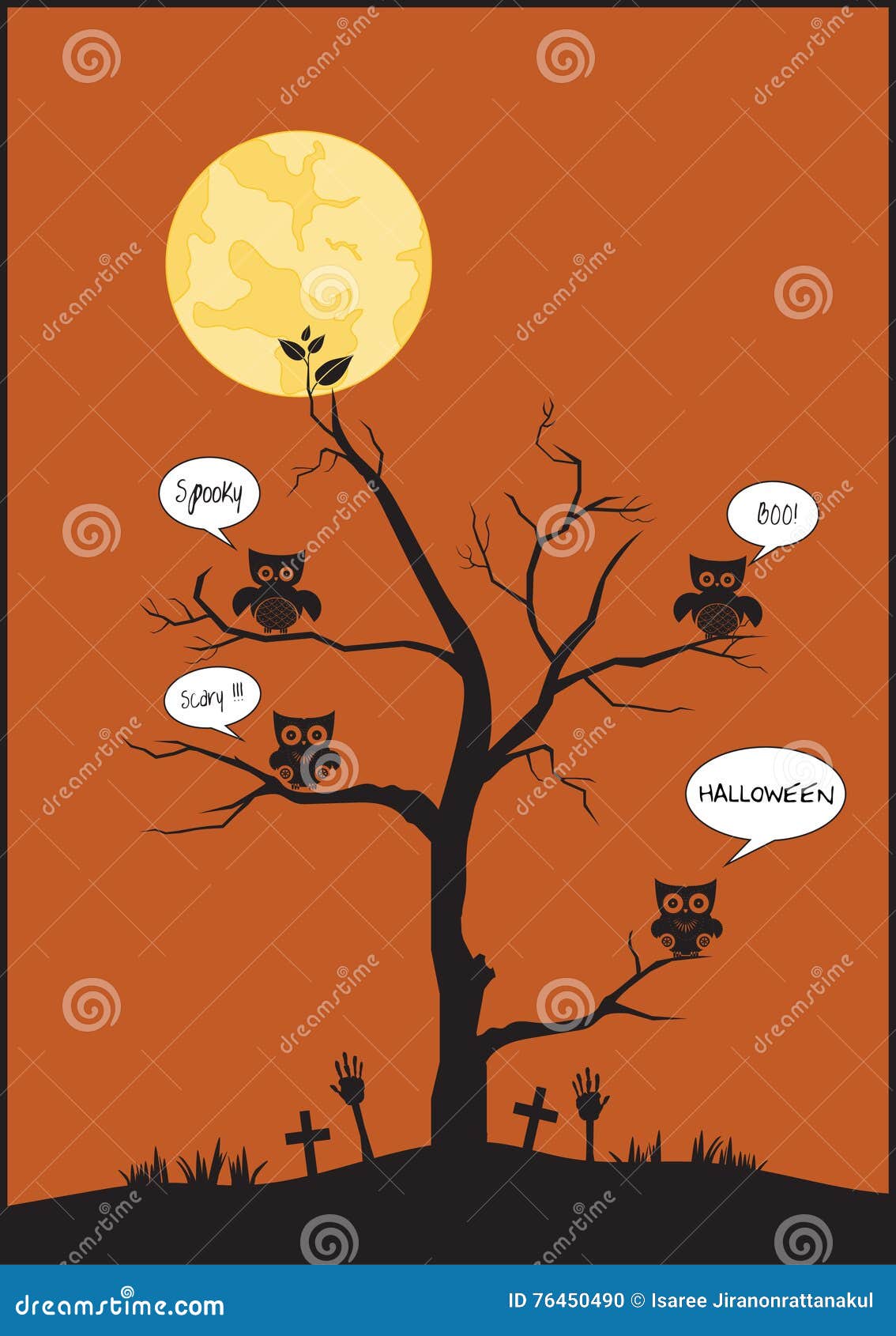 Halloween-Eulen Und -baum Auf Mondhintergrund, Vektorillustrationen ...