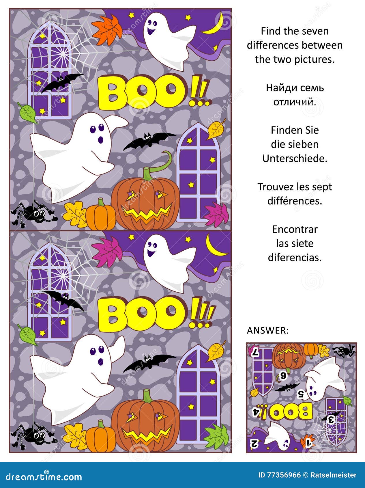 Halloween Spot The Difference Game For Kids Cartoon Vector