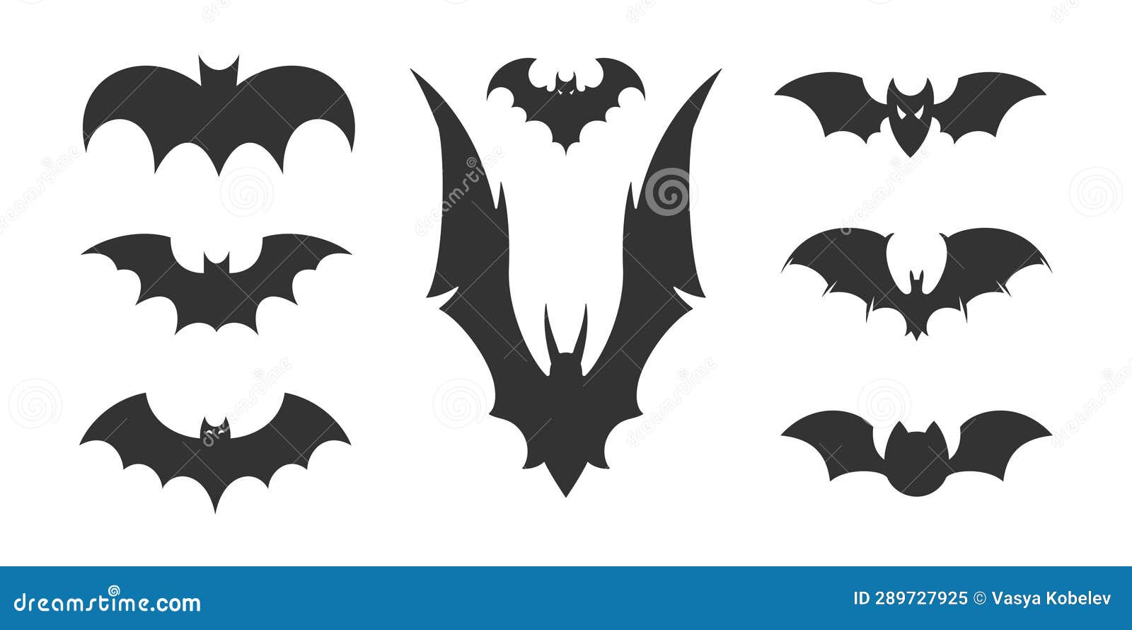 halloween flying bat black silhouette with open wings different  icon set  flat