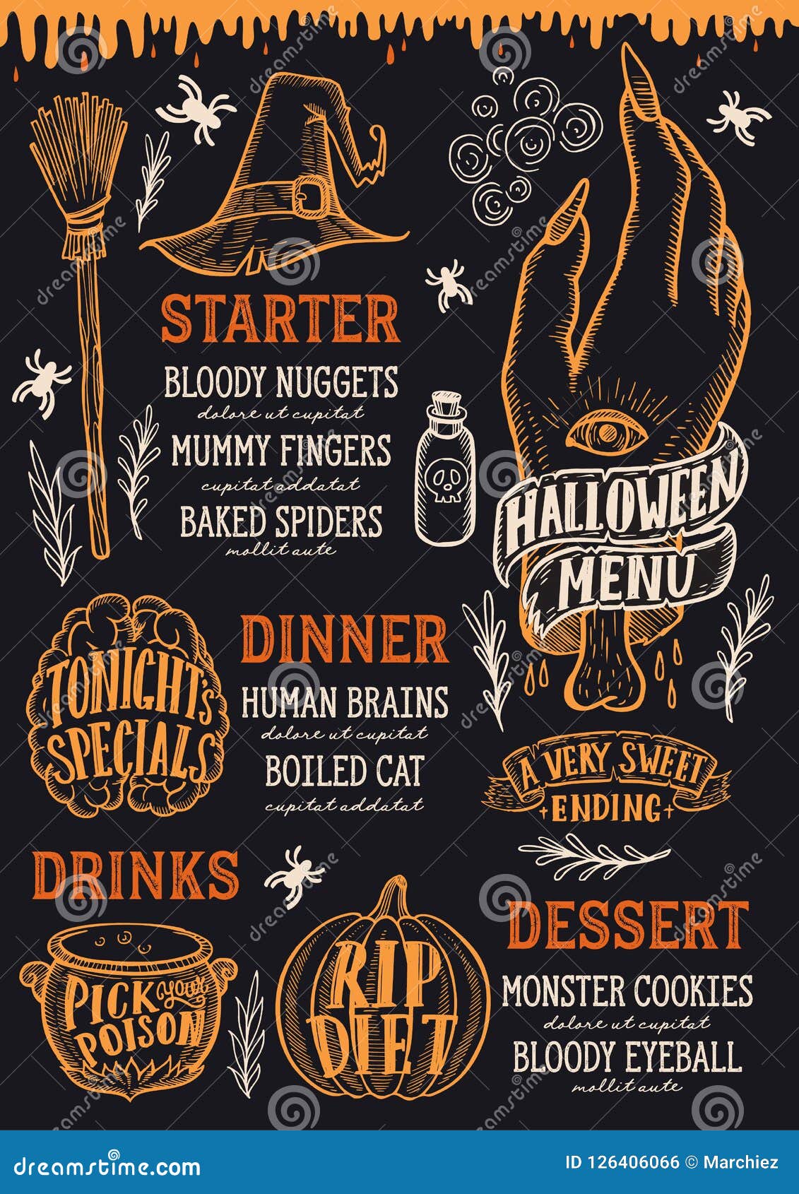  Halloween Food Menu  On A Chalkboard Stock Vector 