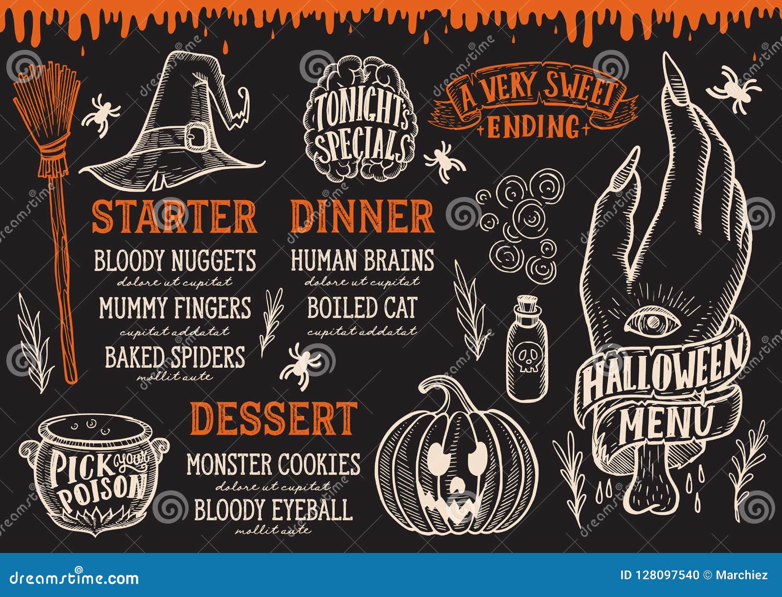  Halloween Food Menu  On A Chalkboard Stock Vector 