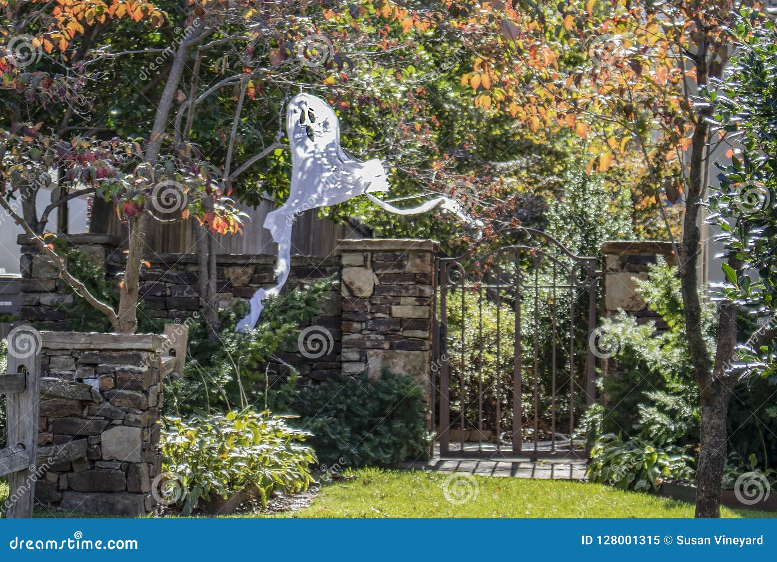 Halloween Ghost Decoration Hanging From Tree By Garden Gate With