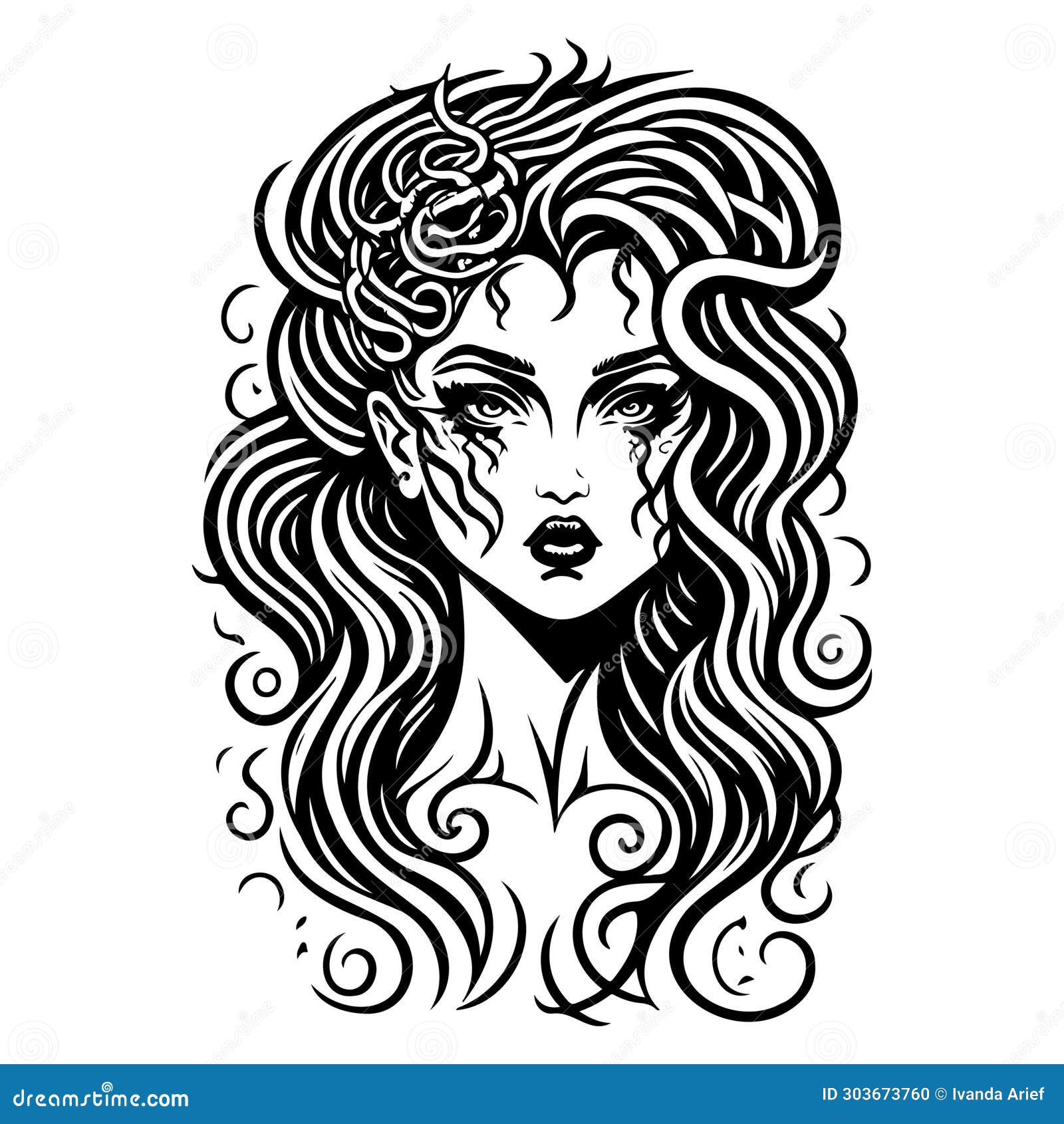 Halloween Girl Medusa with Snake Illustration Sketch Hand Draw Stock ...