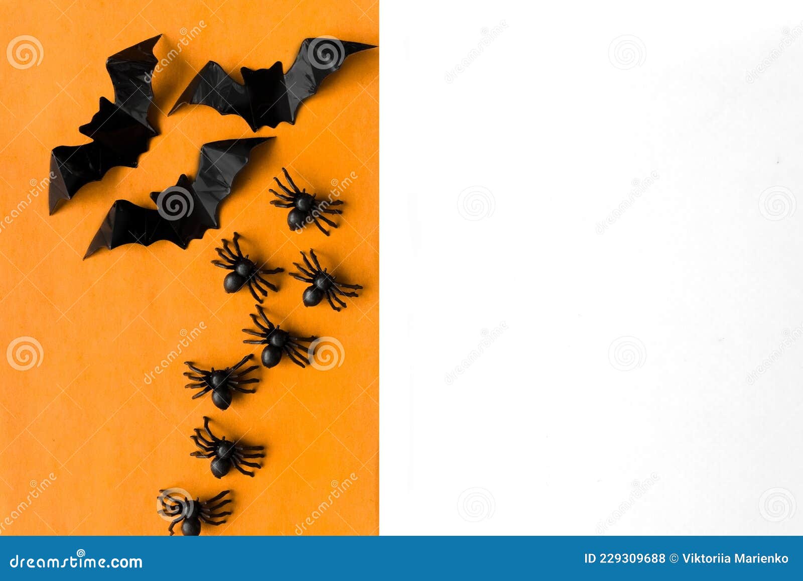 halloween holiday. flatly on a white and orange baackground. bats and spiders. copyspace