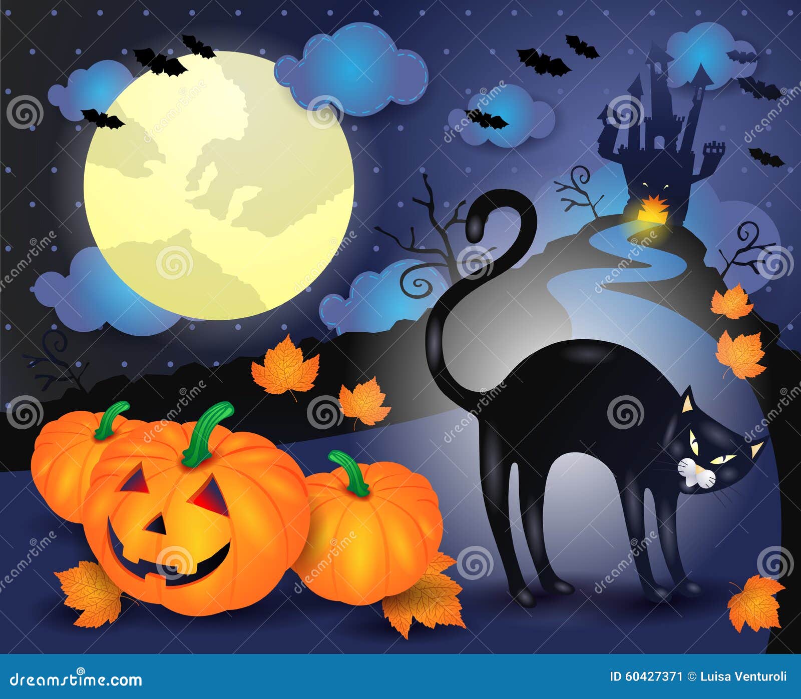 Halloween Illustration With Black Cat And Pumpkins Stock Vector