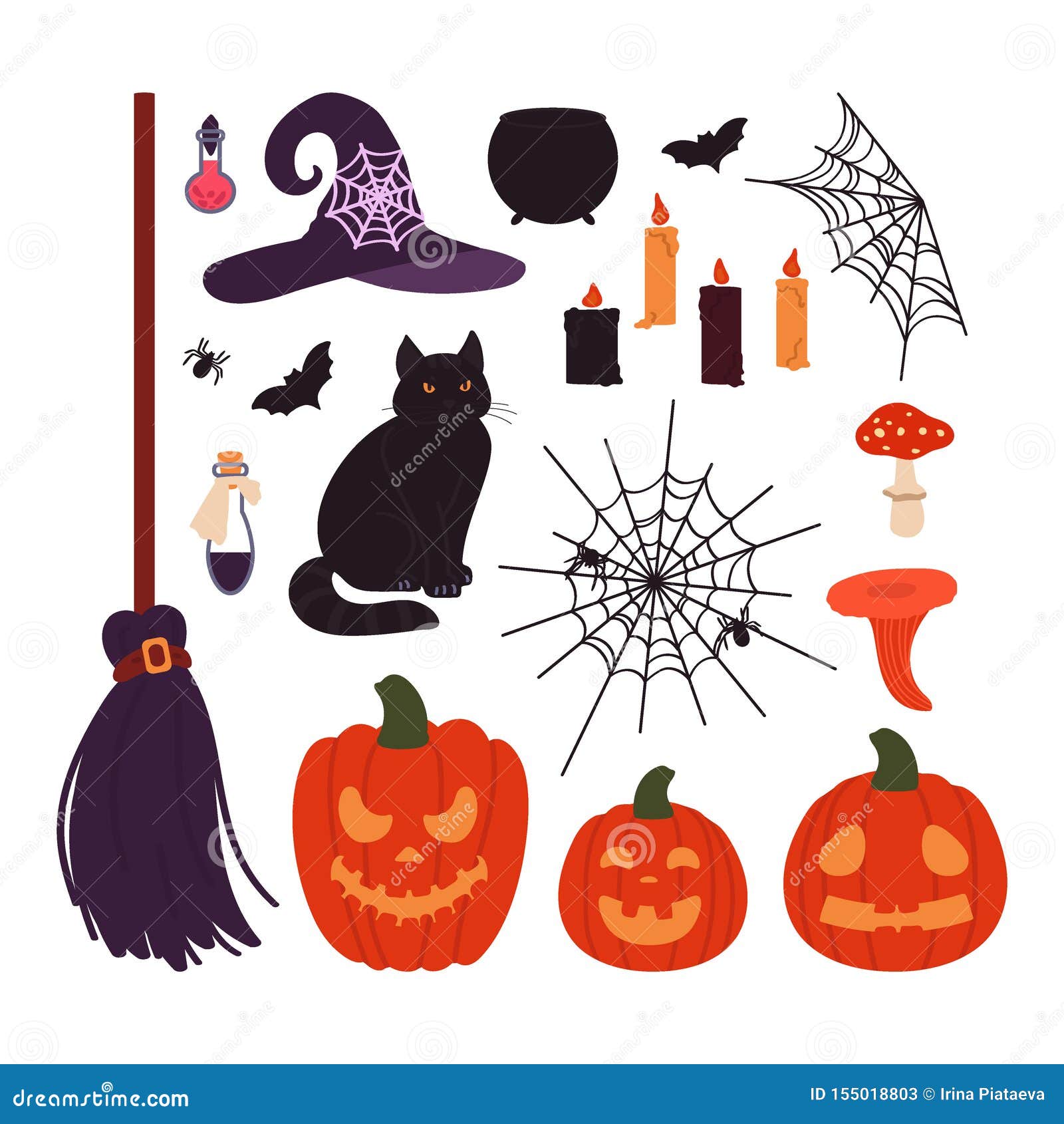 Halloween Items Set Isolated on White Background. Vector Illustration