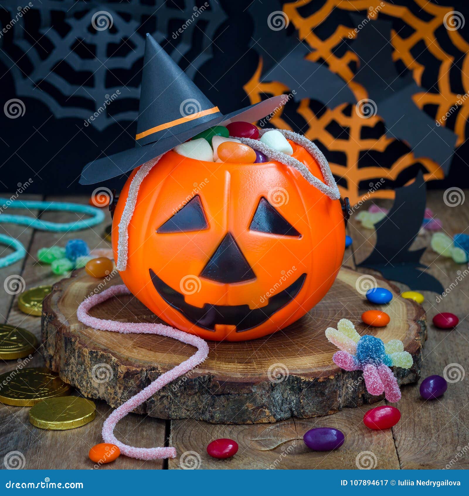 Halloween Jack O Lantern Bucket Overflowing with Candy, Spooky ...