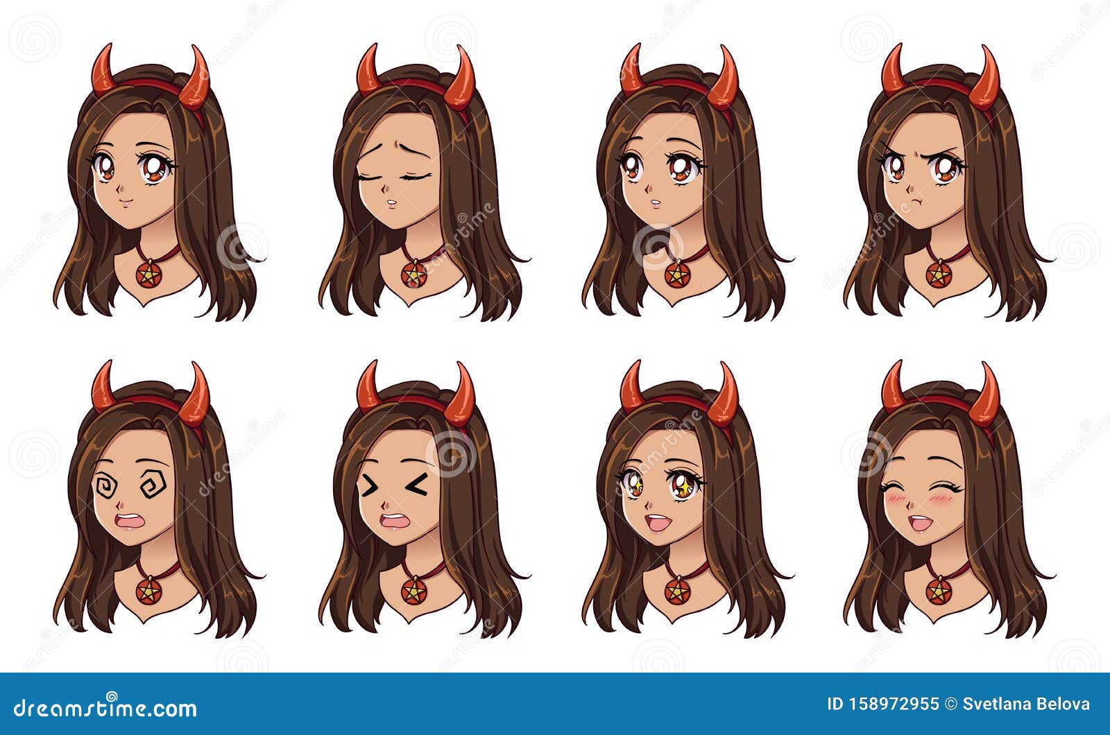 Halloween Kawaii Devil Girl with Eight Different Face Expression. Retro 90s  Anime Style Hand Draw Vector Illustration Stock Vector - Illustration of  funny, devil: 158972955