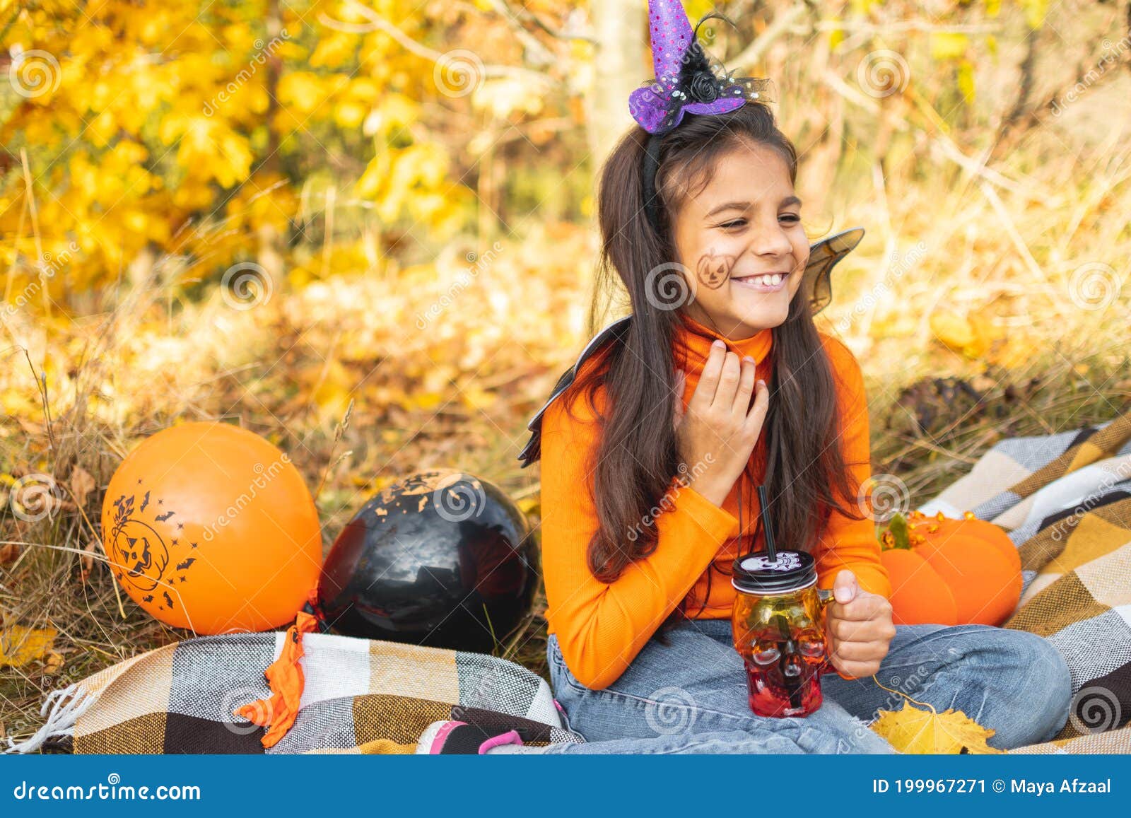 Halloween Kids. Portrait Smiling Girl with Brown Hair in Witch Hat ...