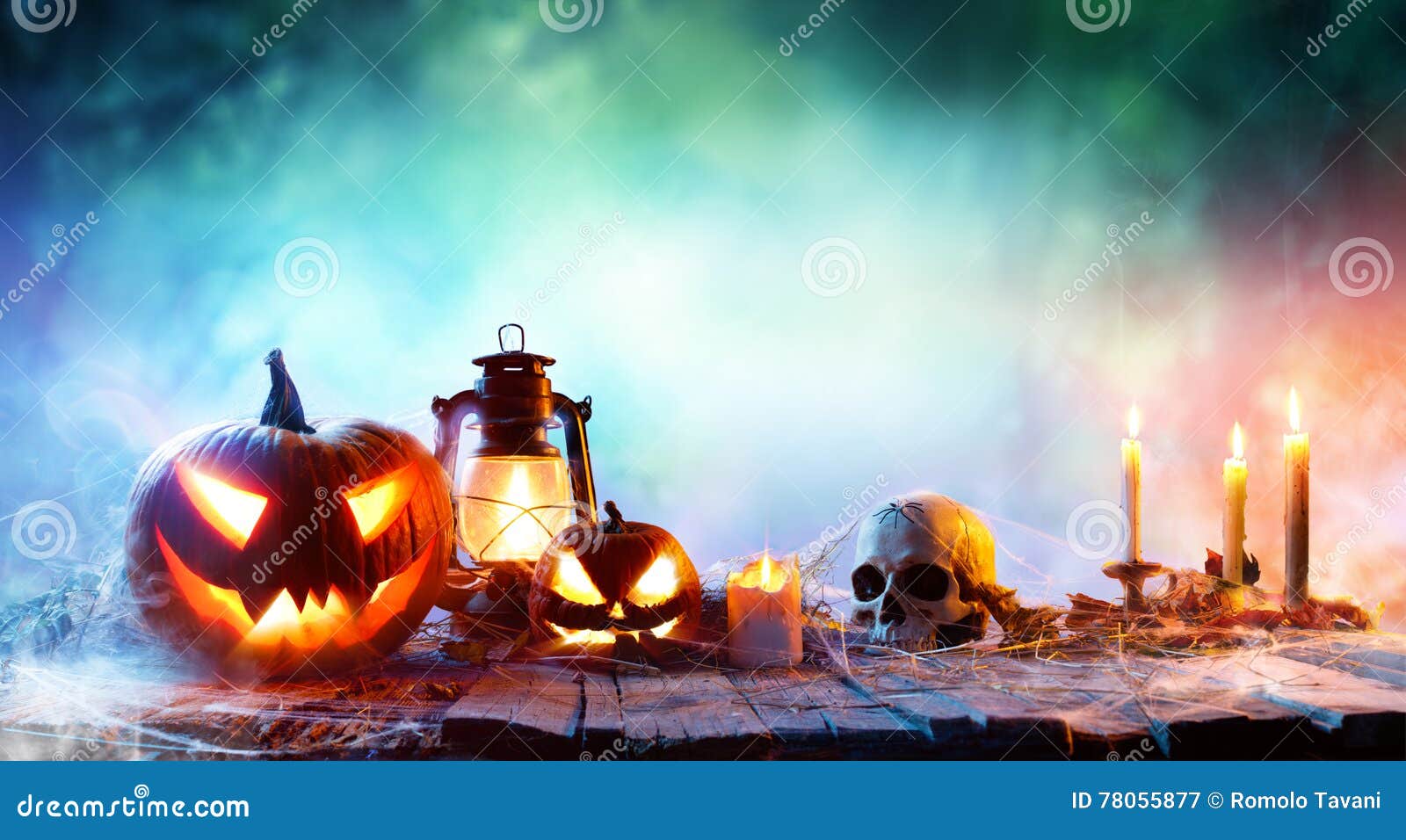 Halloween - Lanterns and Pumpkins on Wooden Table Stock Image - Image ...