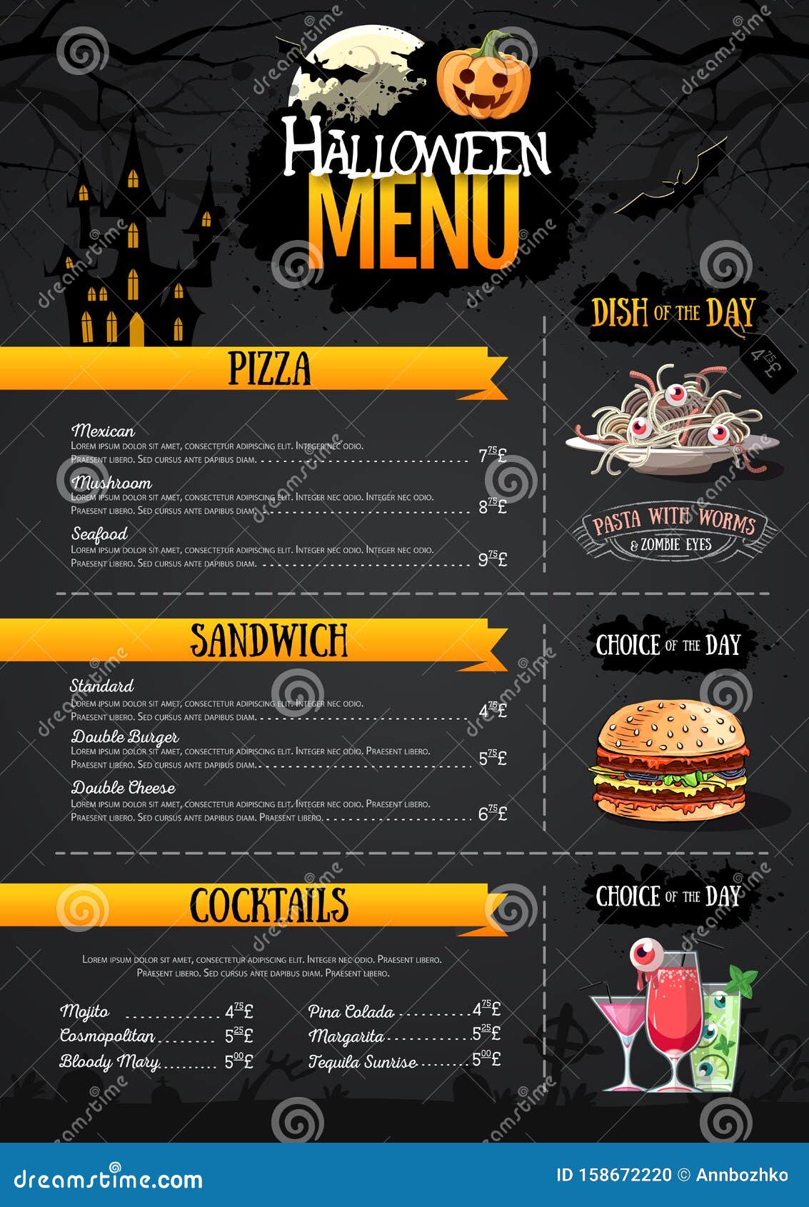 Halloween Menu Design with Jack O Lantern. Restaurant Menu Stock Vector