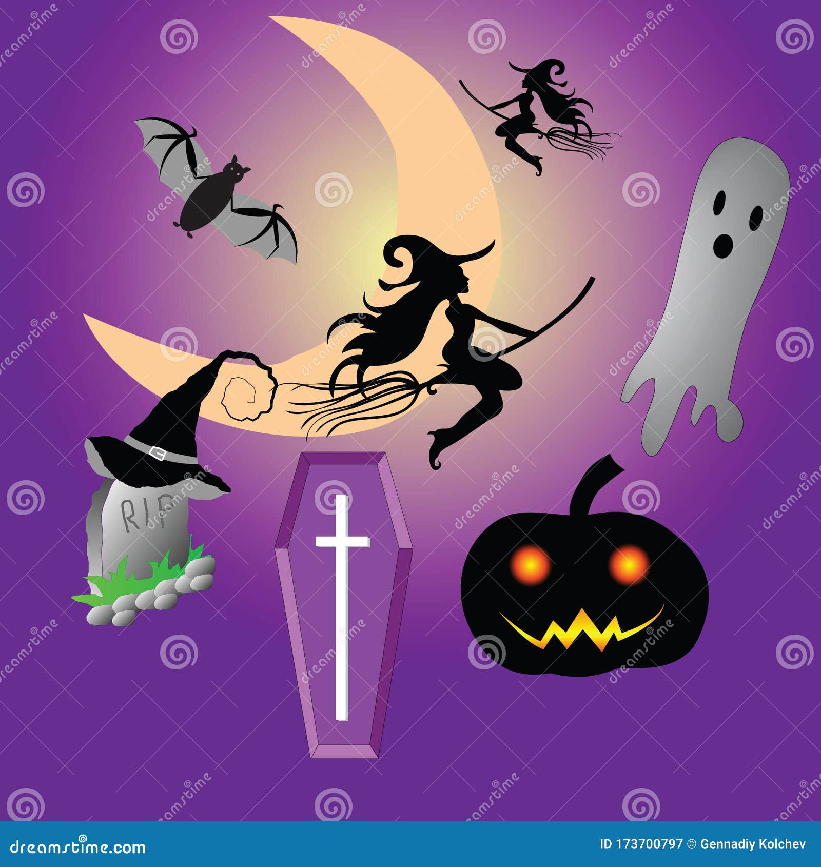 halloween merry  with witch, ghost and cemetery