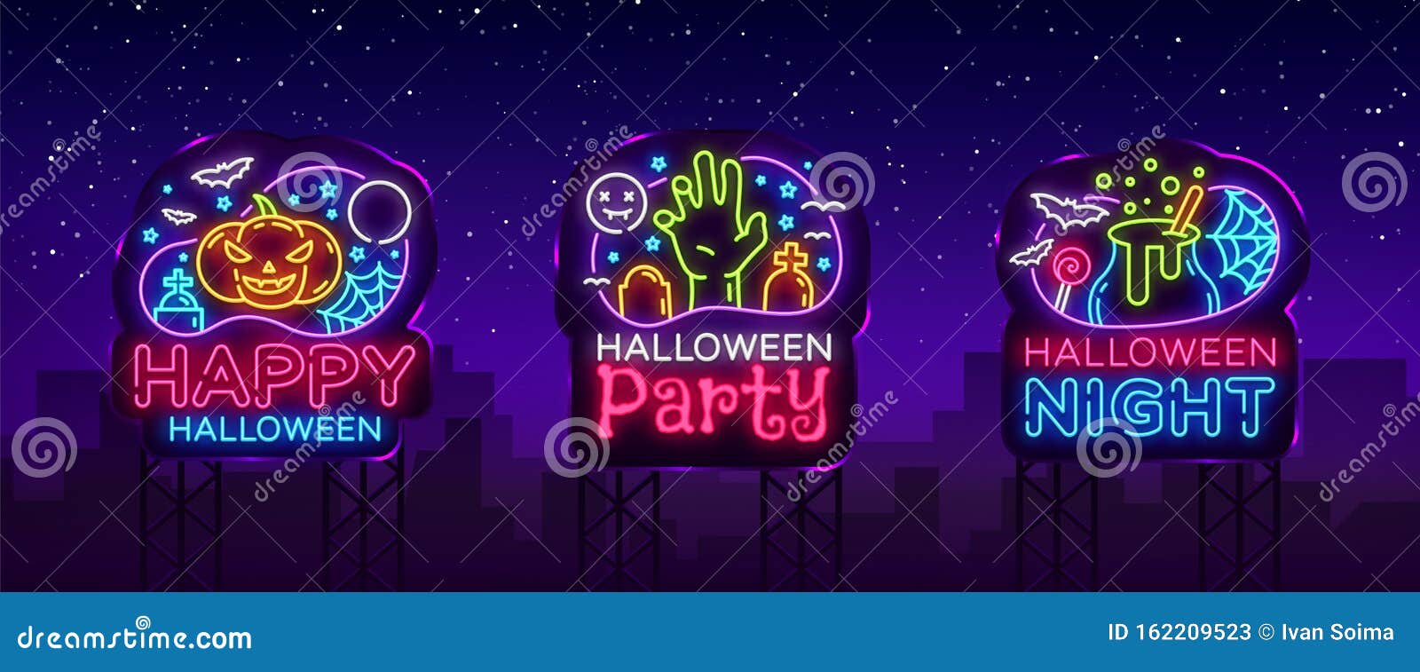 Halloween Neon Billboards Collection Vector. Halloween Party Design