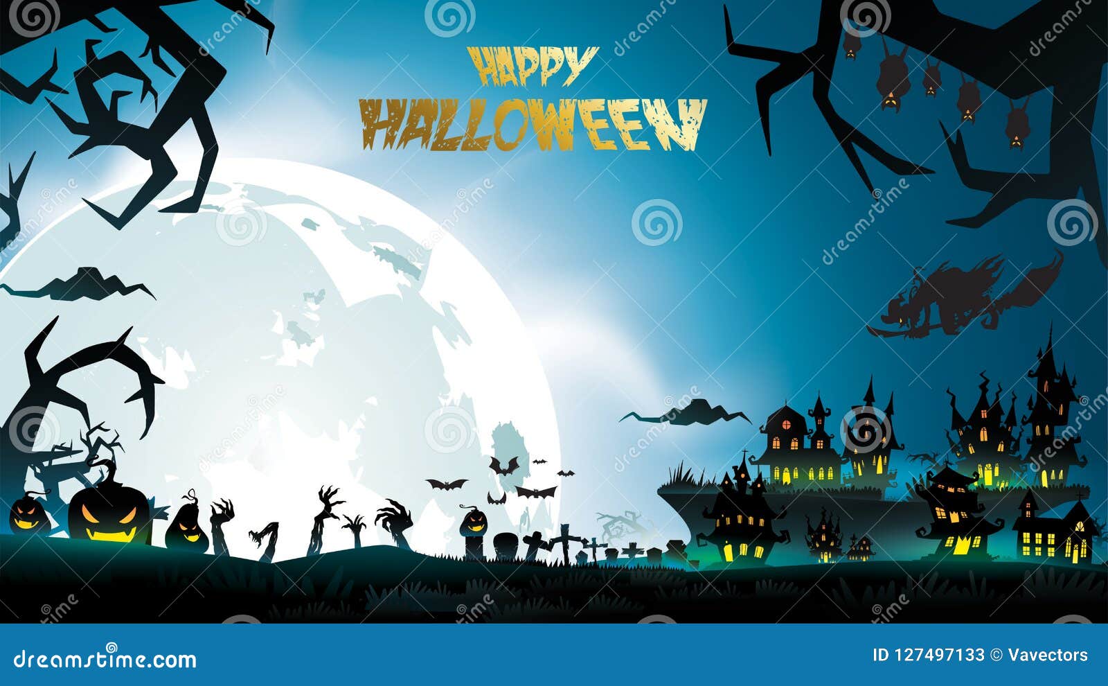 halloween night background with pumpkin, haunted house, castle and full moon. flyer or invitation template for banner, party, invi