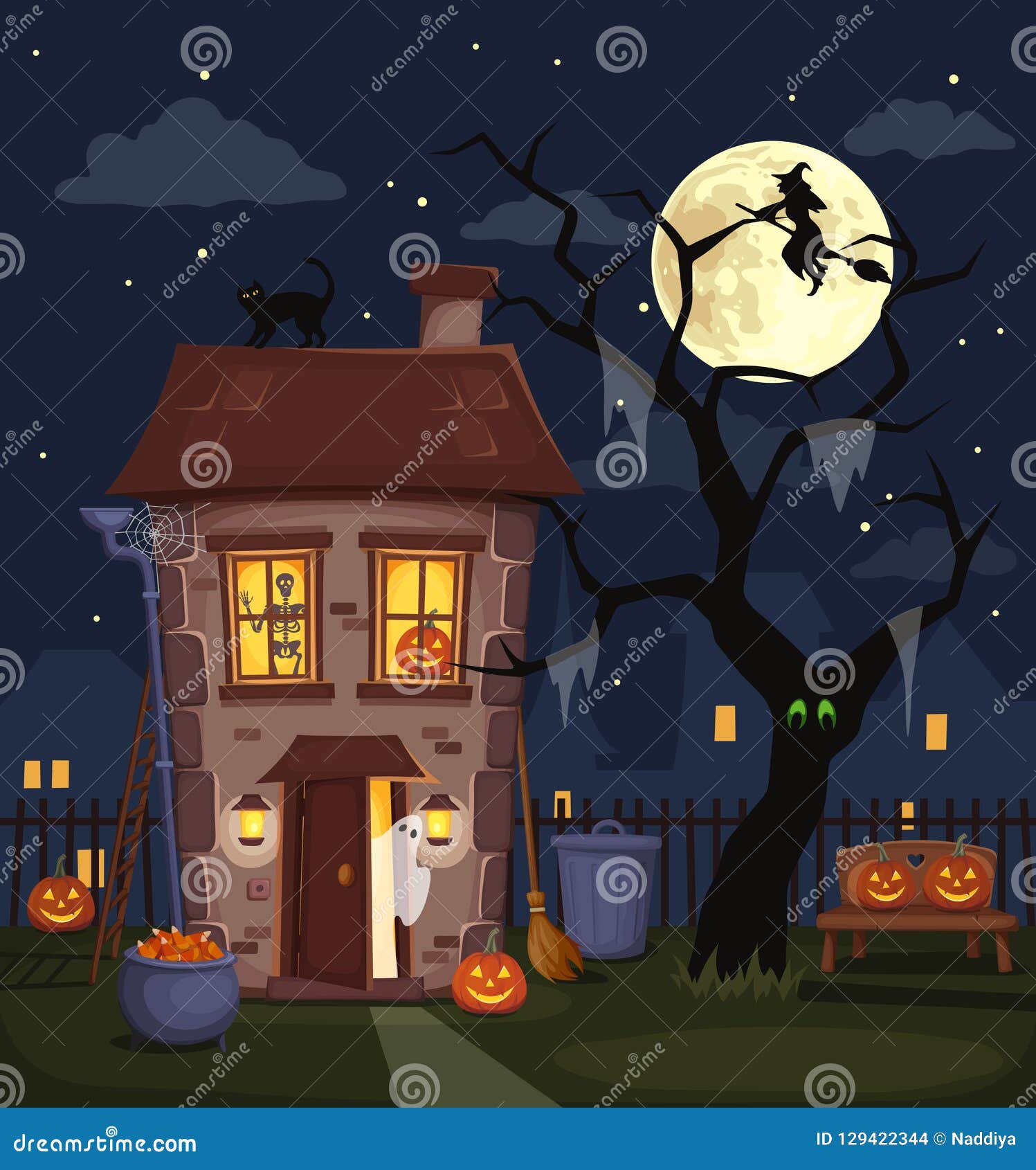 Halloween Night City Landscape With A Haunted House. Vector