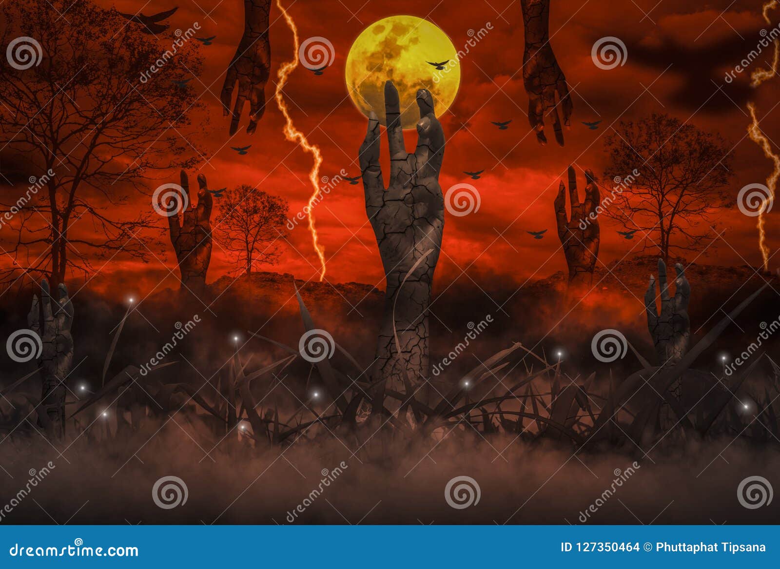 Halloween Night Horror Concept, with Resurrected Zombie Hand Emerging
