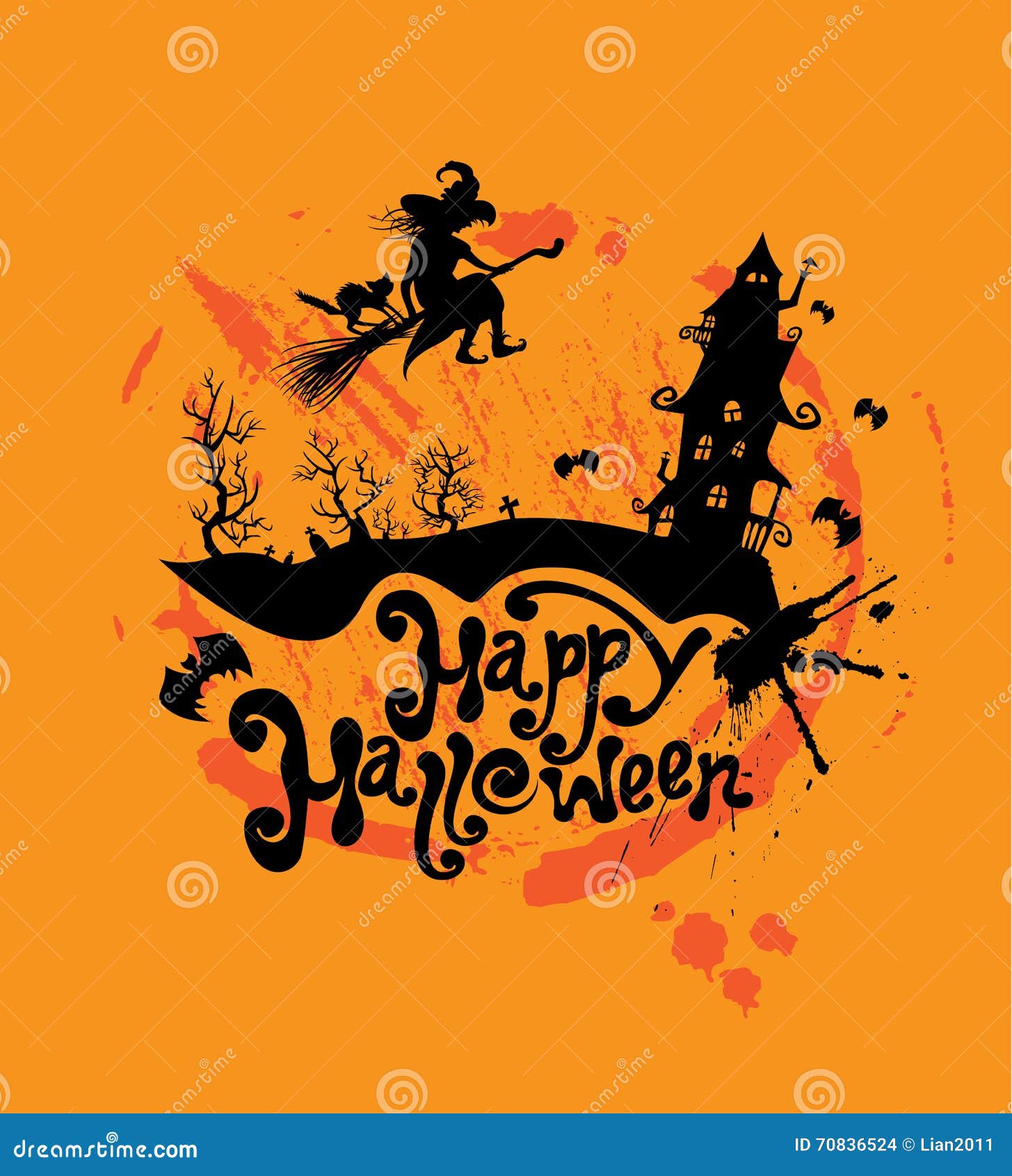 Halloween Night: Silhouette of Witch and Cat Flying on Broom To Stock ...