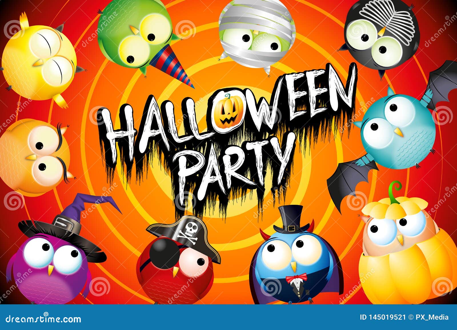 Halloween Party Poster/ Banner with Colorful Owls in Fancy Dress Stock  Illustration - Illustration of funny, evil: 145019521