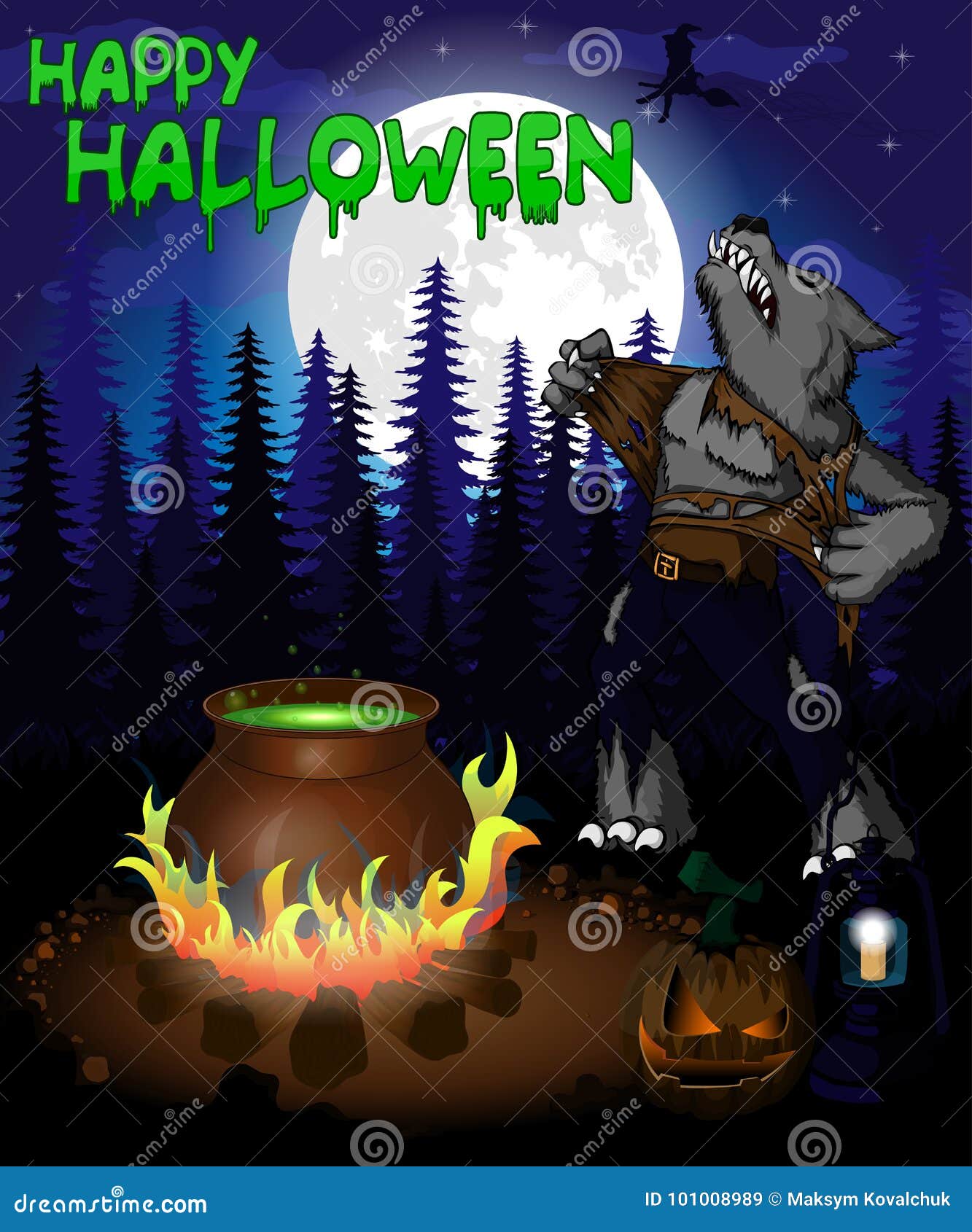 Halloween-Plakat Mit Werfer Und Werwolf Im Wald Vector Illustration ...
