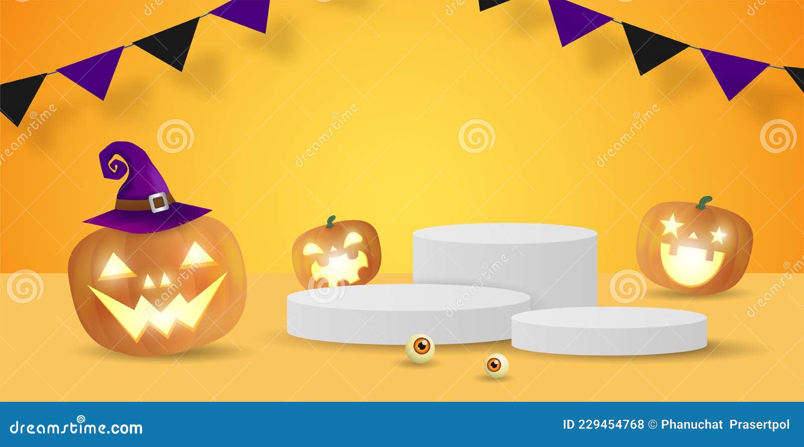 halloween podium for product display concept, stand show and showcase with pumpkin patch in the moonlight. jack o lantern, 