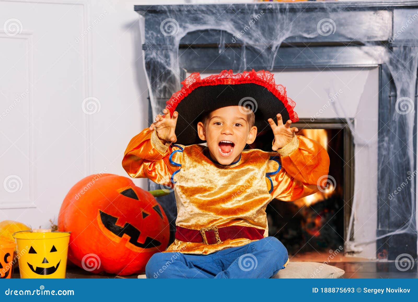 Happy Boy with Spooky Gesture in Halloween Costume Stock Image - Image ...