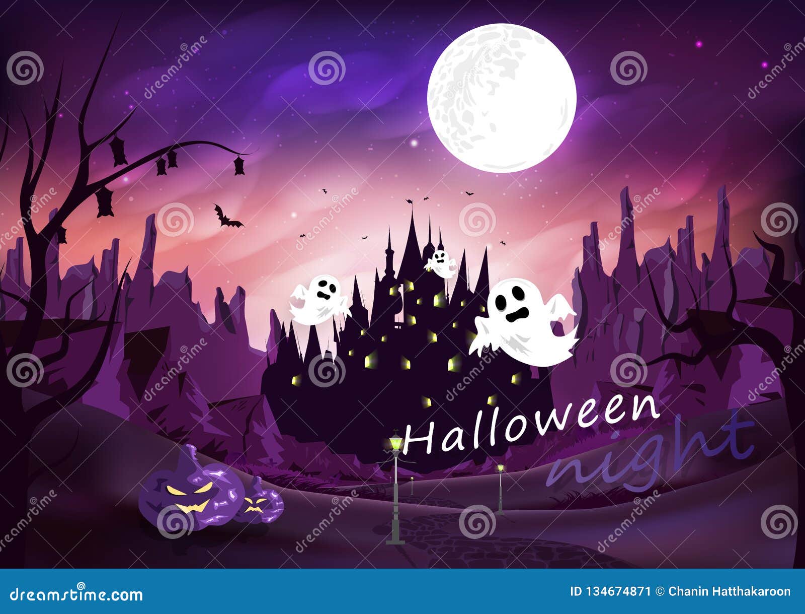 Halloween Poster Fantasy, Spooky and Pumkin on the Road with Castle,  Silhouette Night Scene Sky, Mountains Landscape Abstract Stock Vector -  Illustration of crow, mountain: 134674871