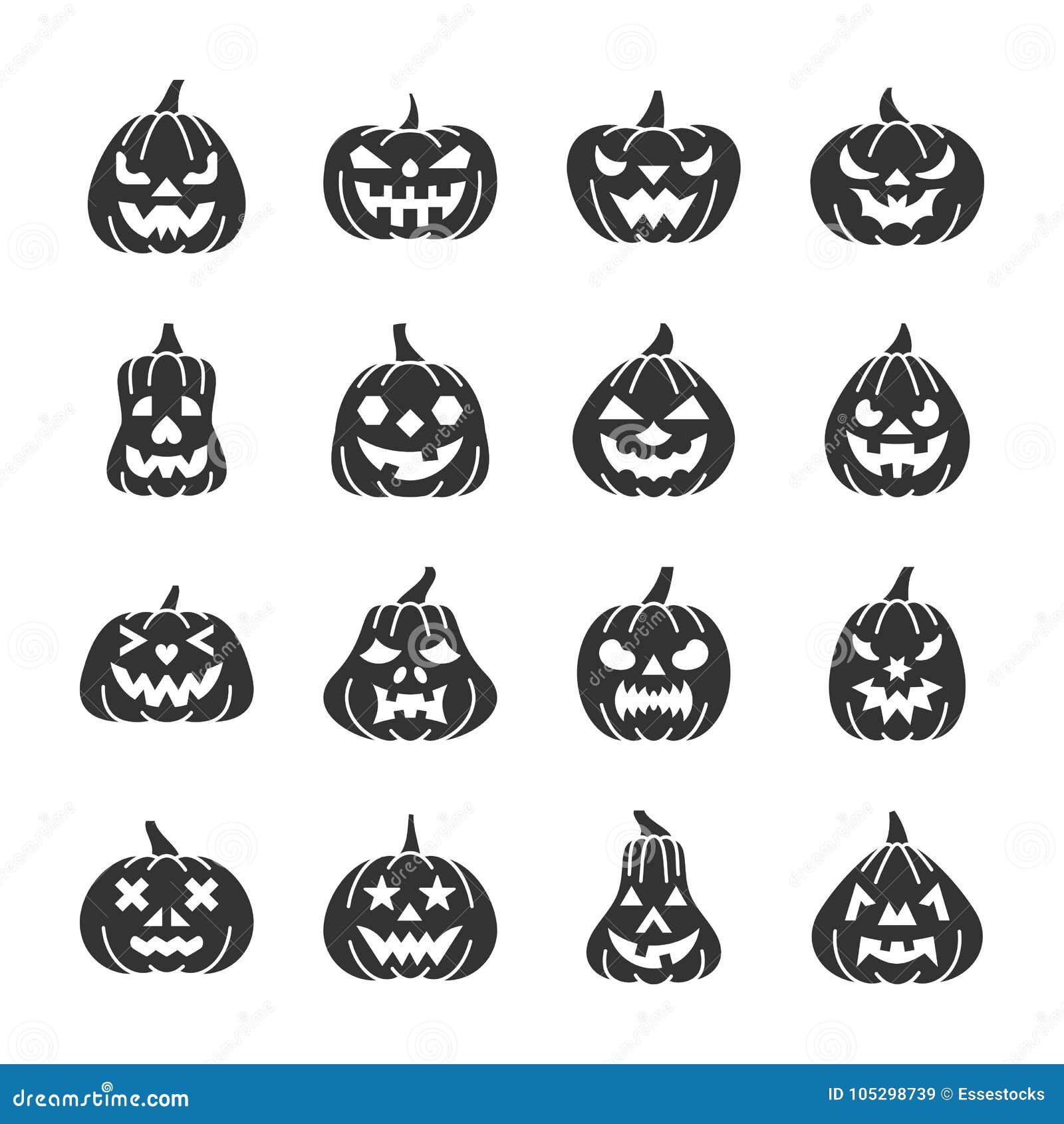 Halloween Pumpkin Black Silhouette Icon Set Stock Vector - Illustration ...